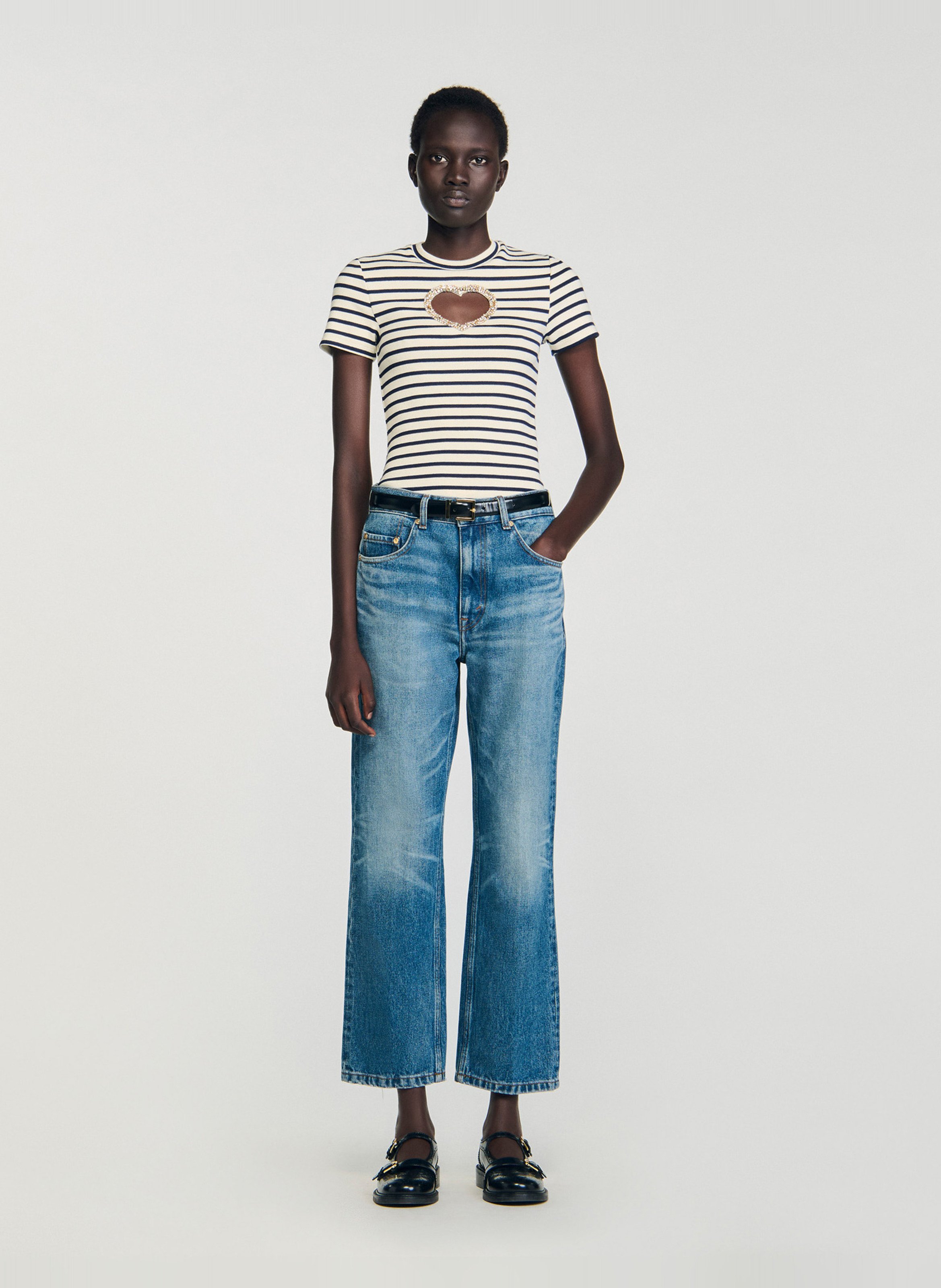 Tee-shirt col rond à rayures SANDRO Blanc