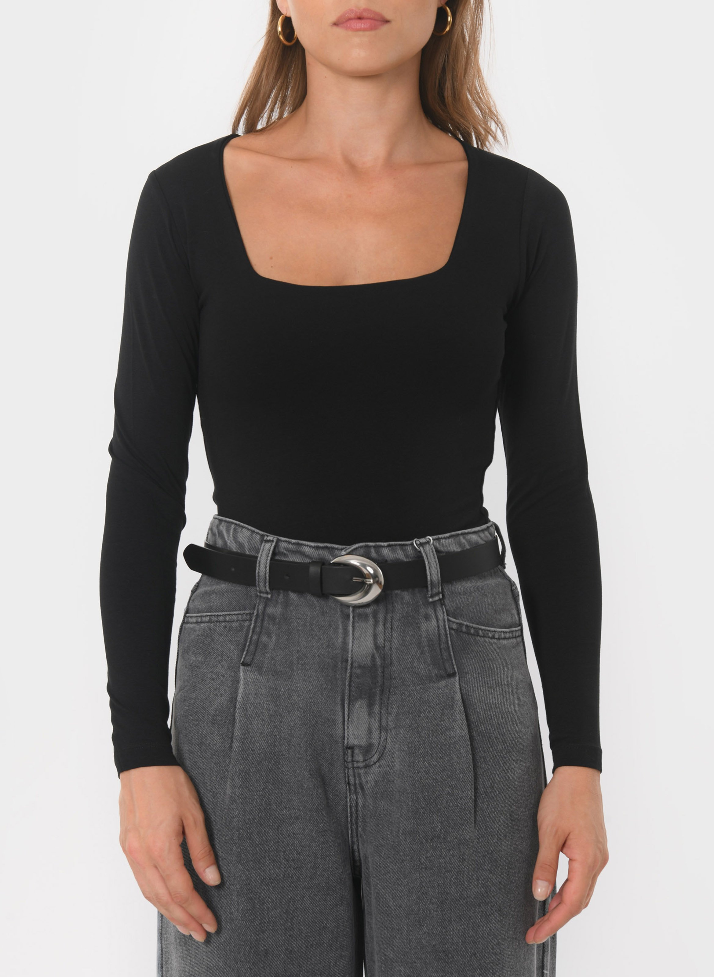 Tee-shirt moulant col carré en coton mélangé KOOKAI Noir