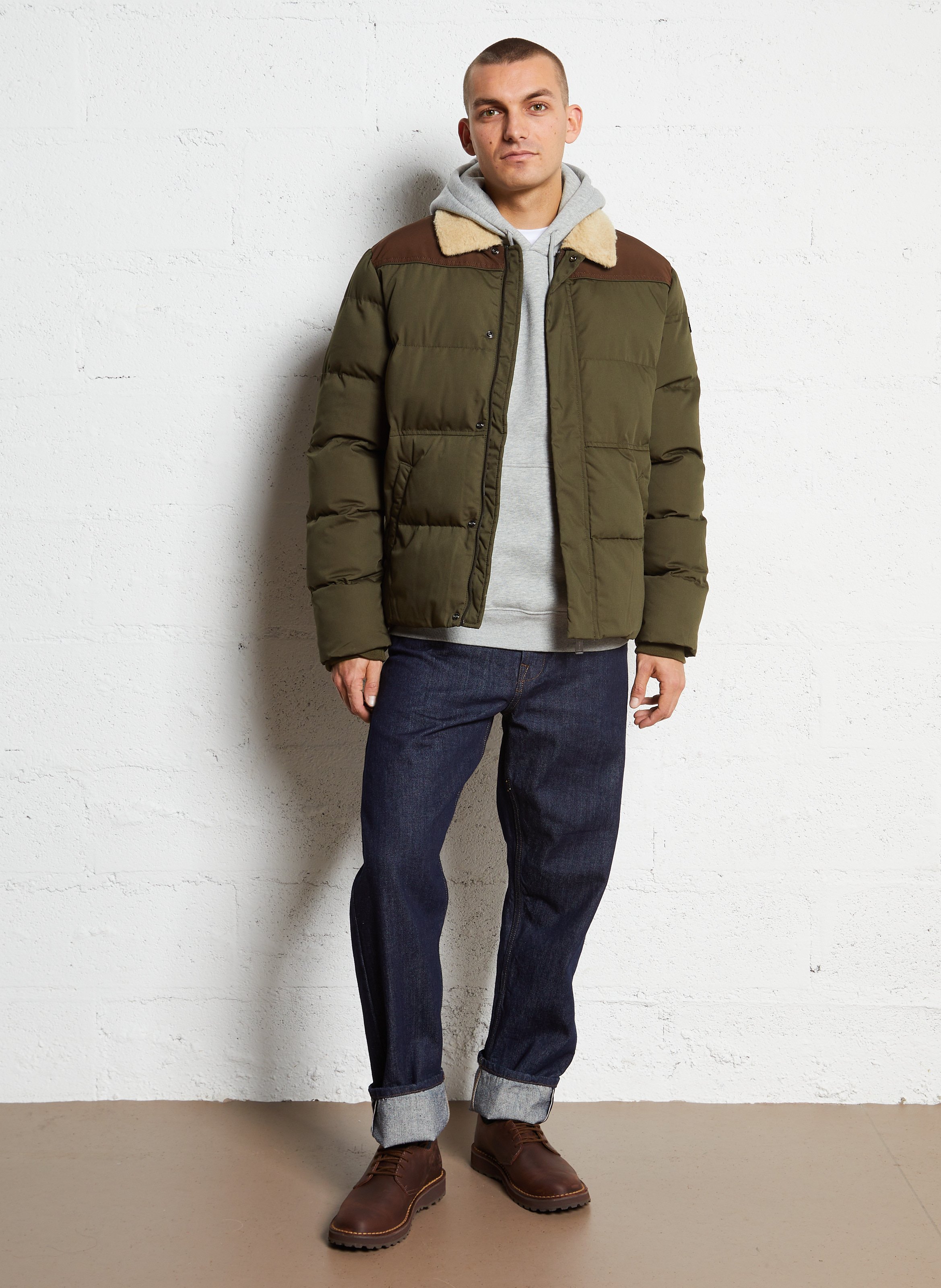 Straight classic collar puffer jacket in blended cotton SCHOTT Brown