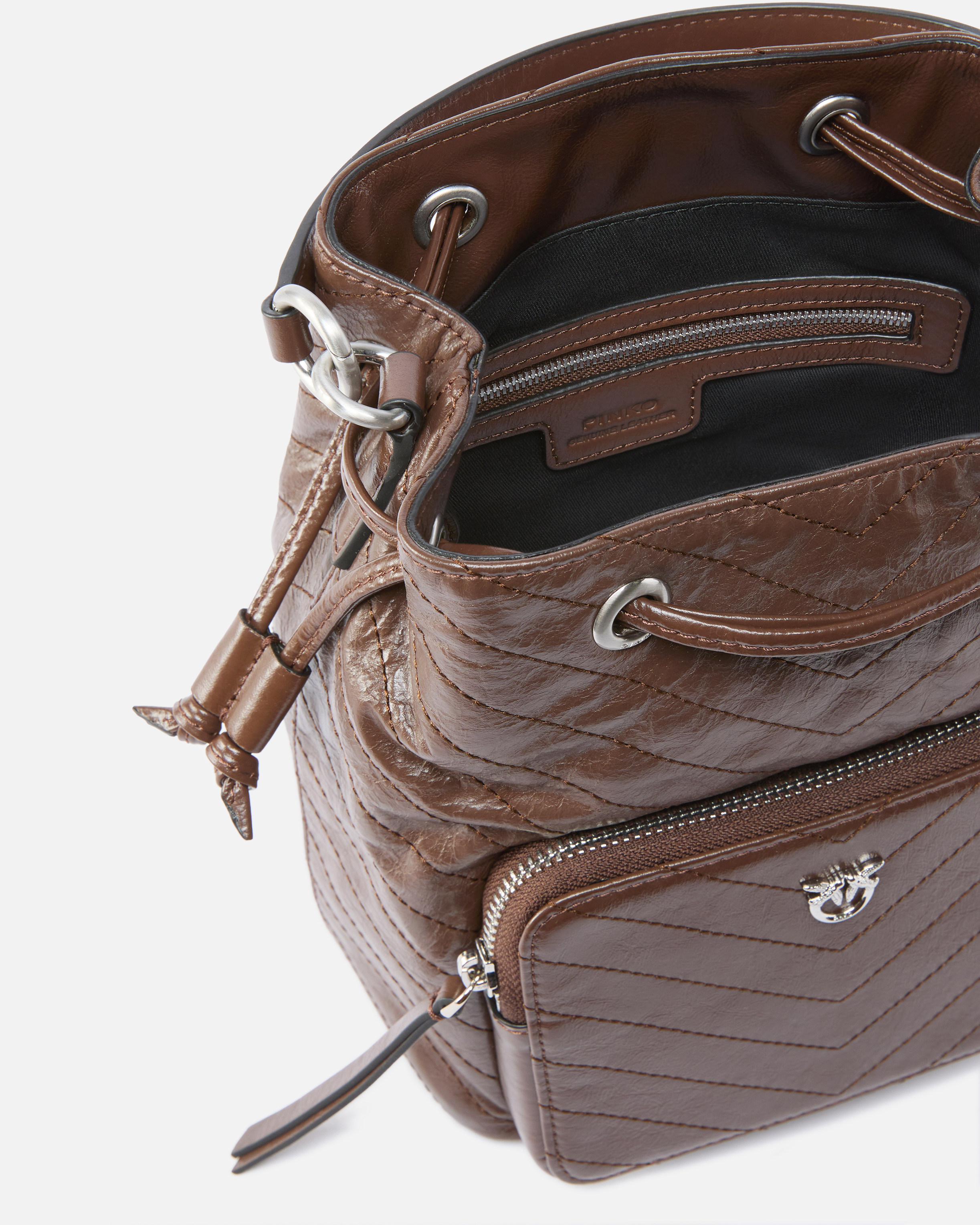 Small leather cargo bucket bag with pocket PINKO Brown