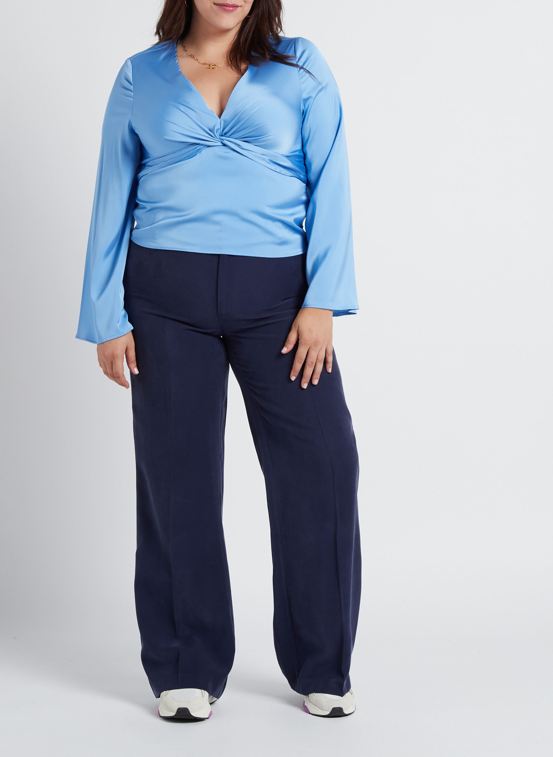 Flowing satin-finish V-neck top GINA TRICOT Blue