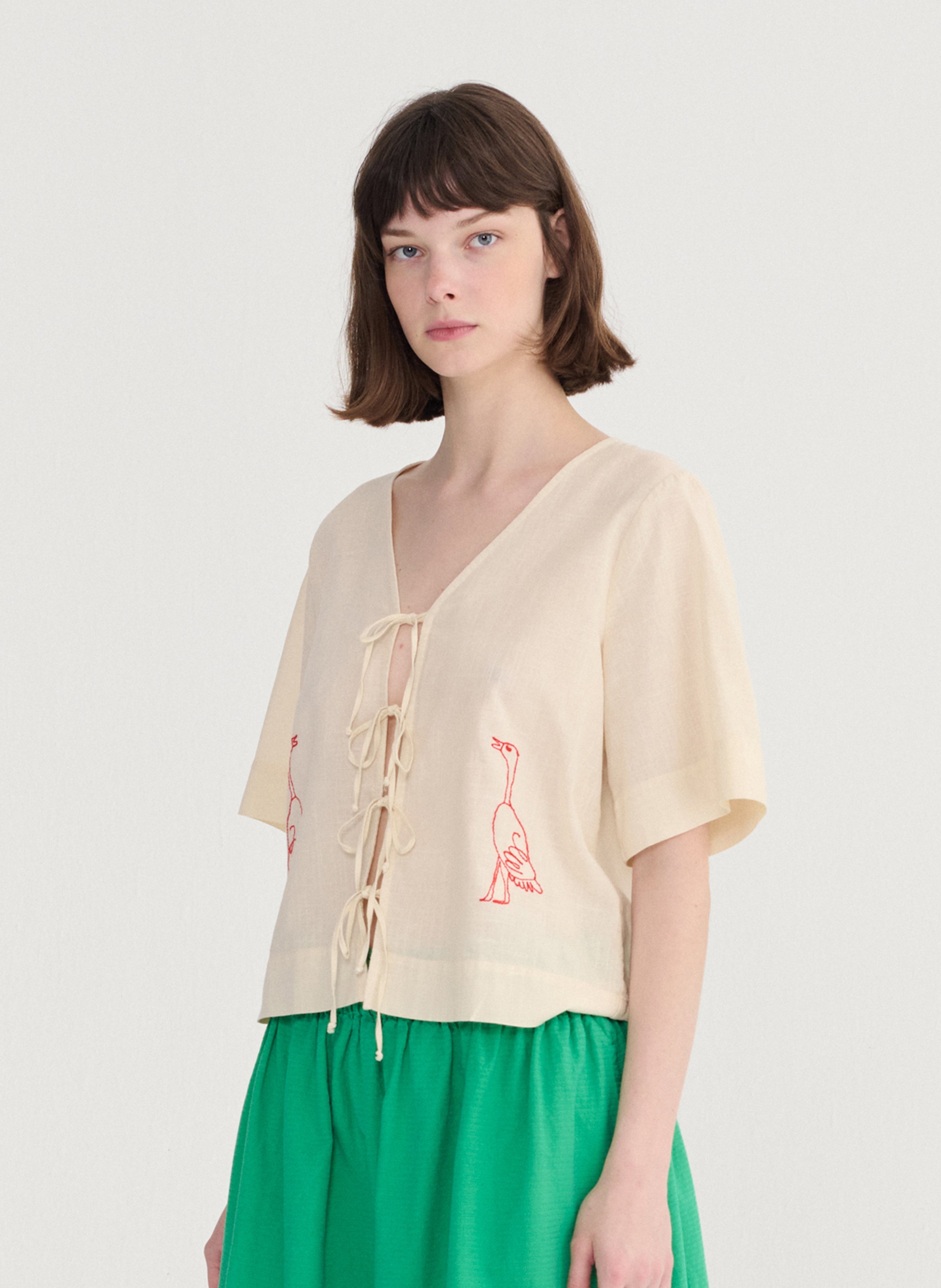 Top ample col V à nouer brodé BOBO CHOSES Blanc