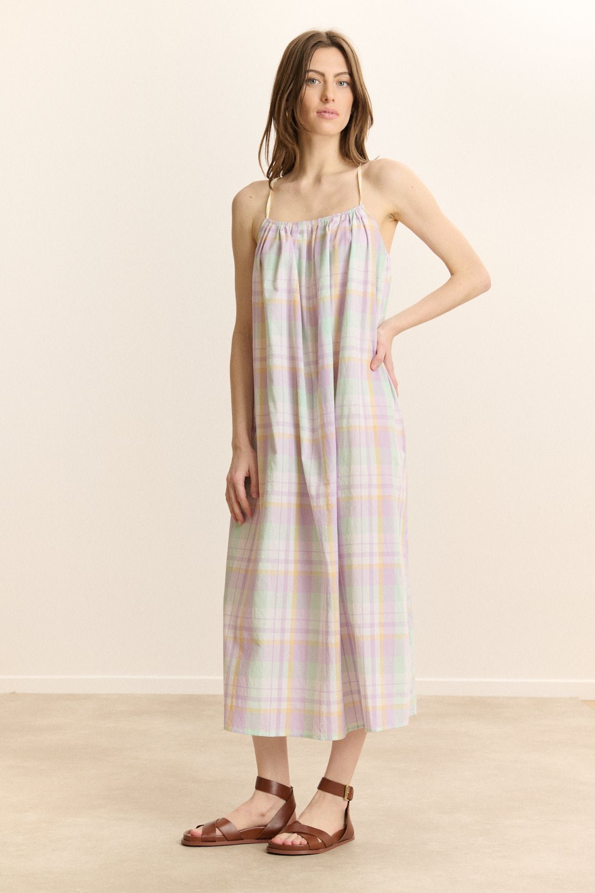 Long checkered dress with straps GARANCE PARIS Purple