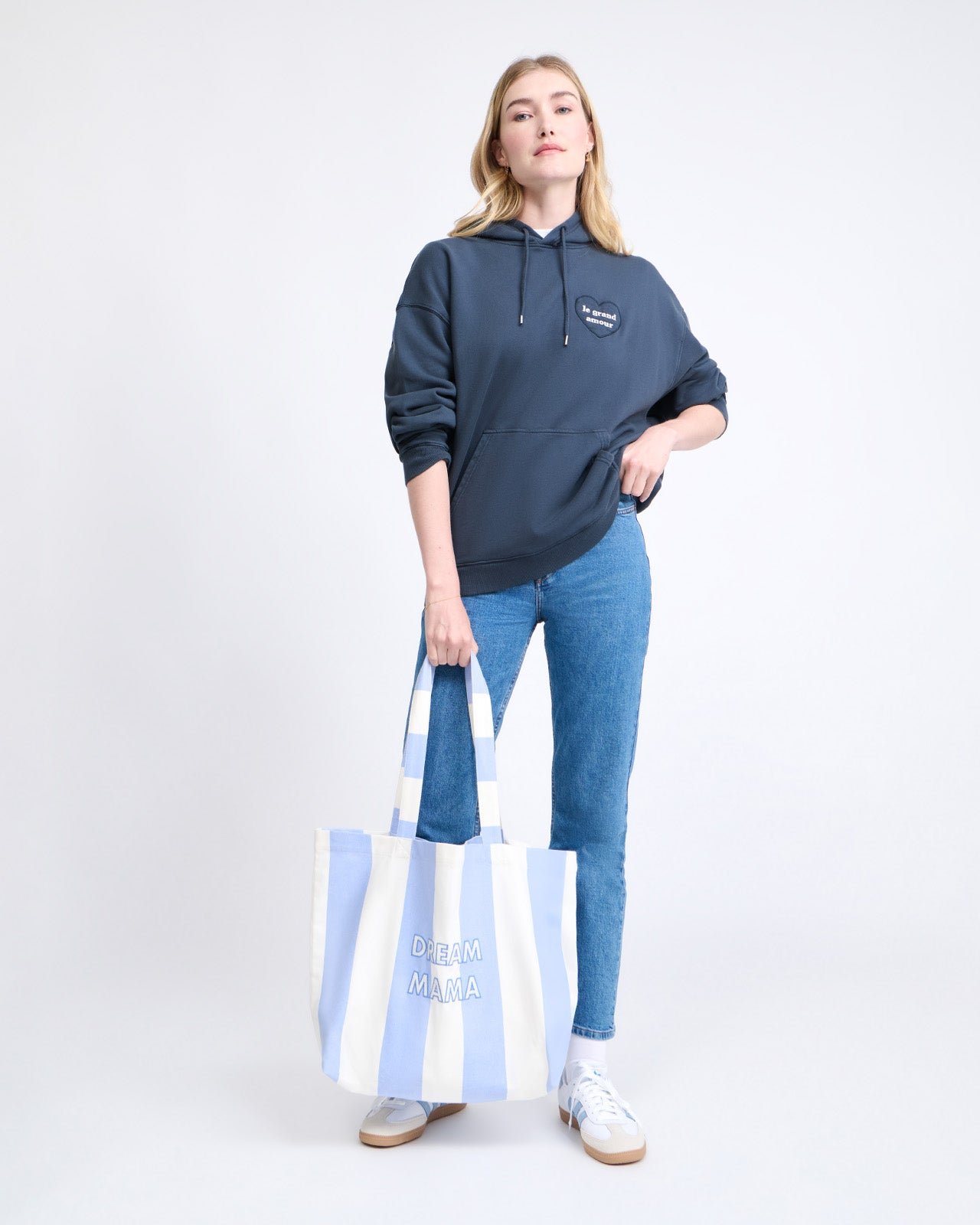 Embroidered Striped Tote Bag Dream Mama EMOI EMOI Blue