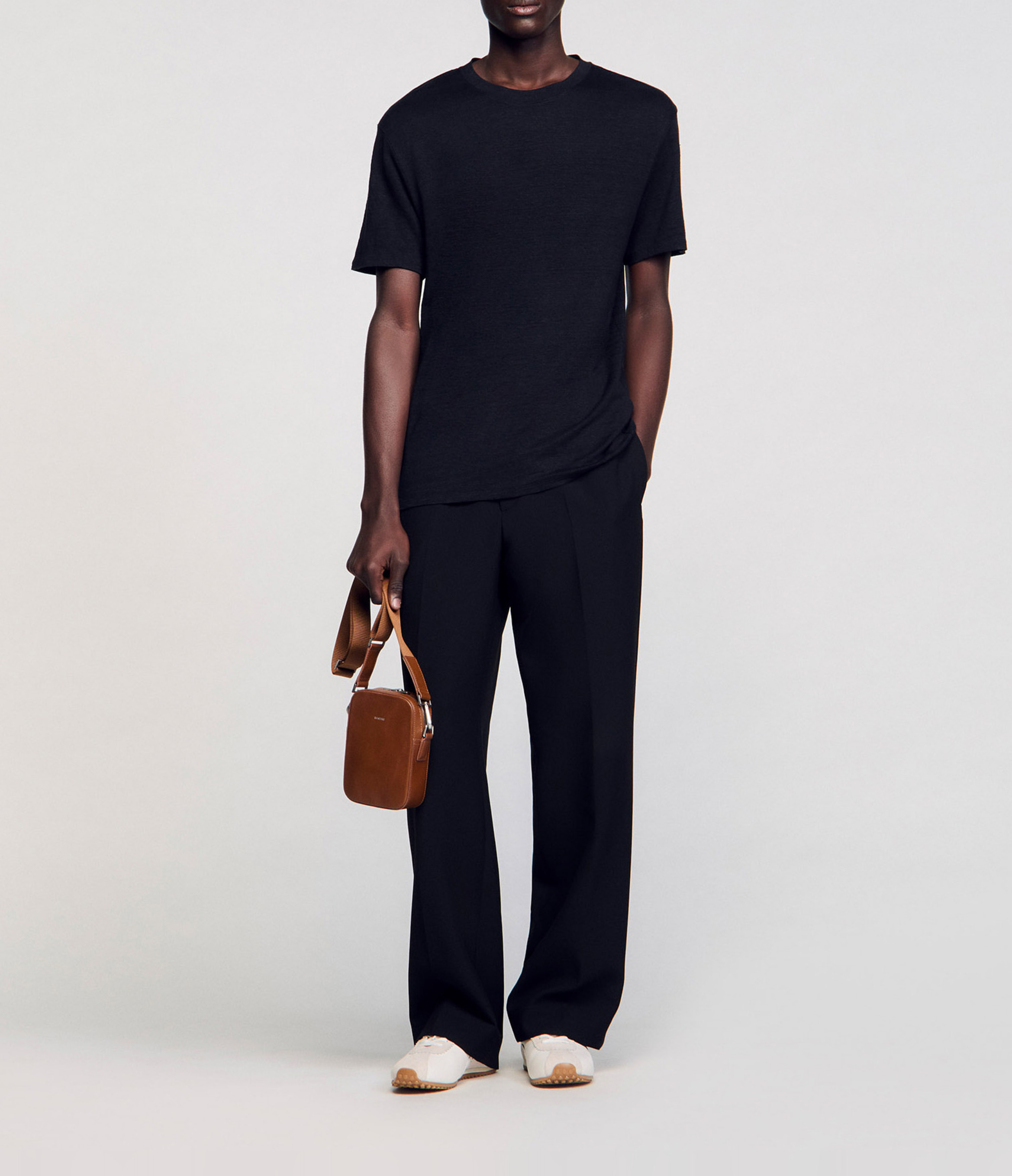 Tee-shirt col rond regular-fit en lin SANDRO Noir