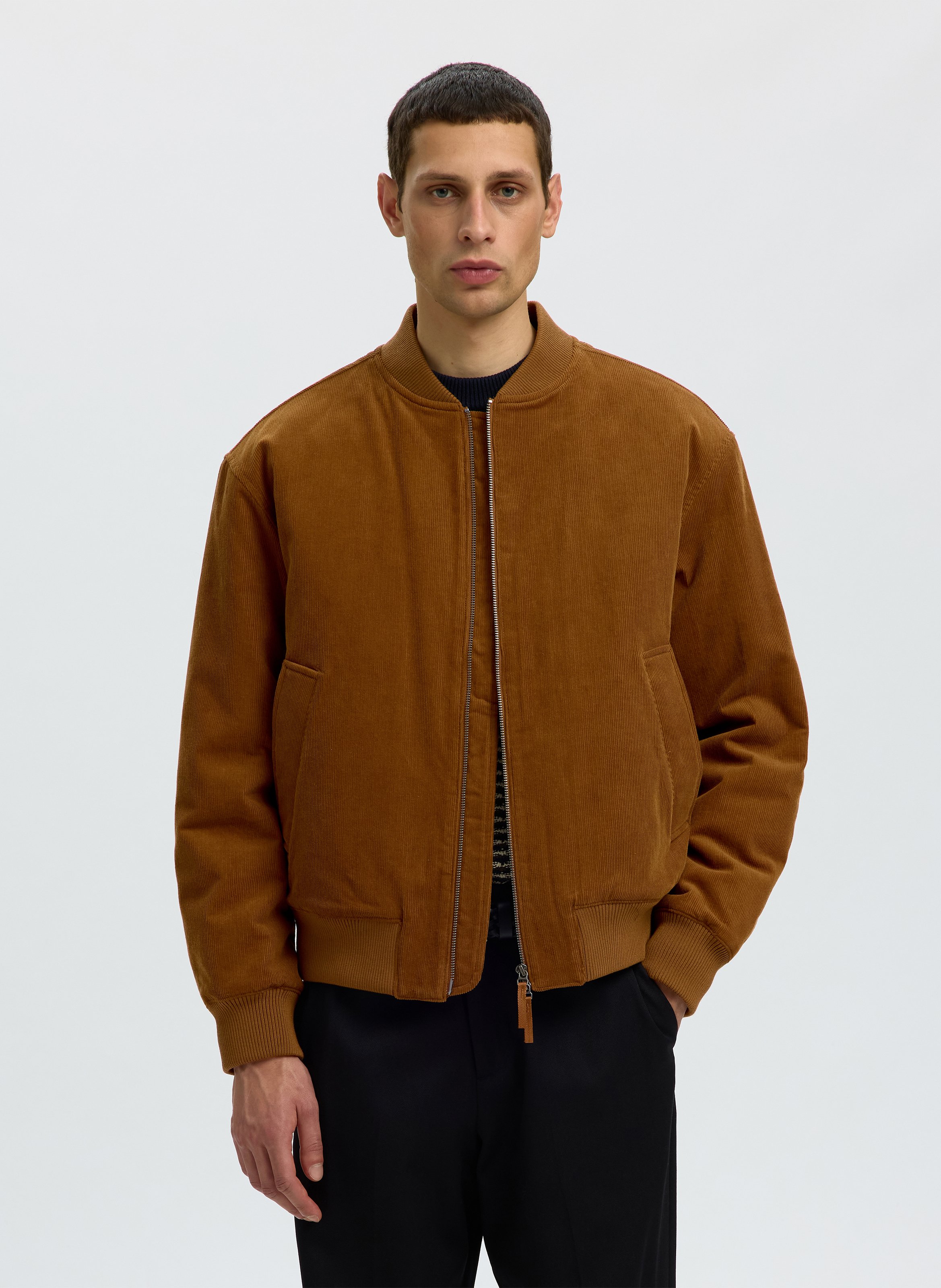 Teddy-collar jacket in organic cotton blend SELECTED Brown