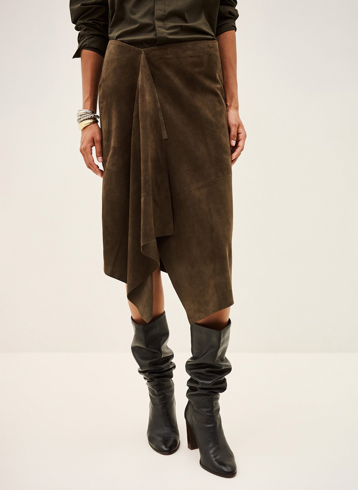 Jupe midi asymétrique en cuir BA&SH Marron