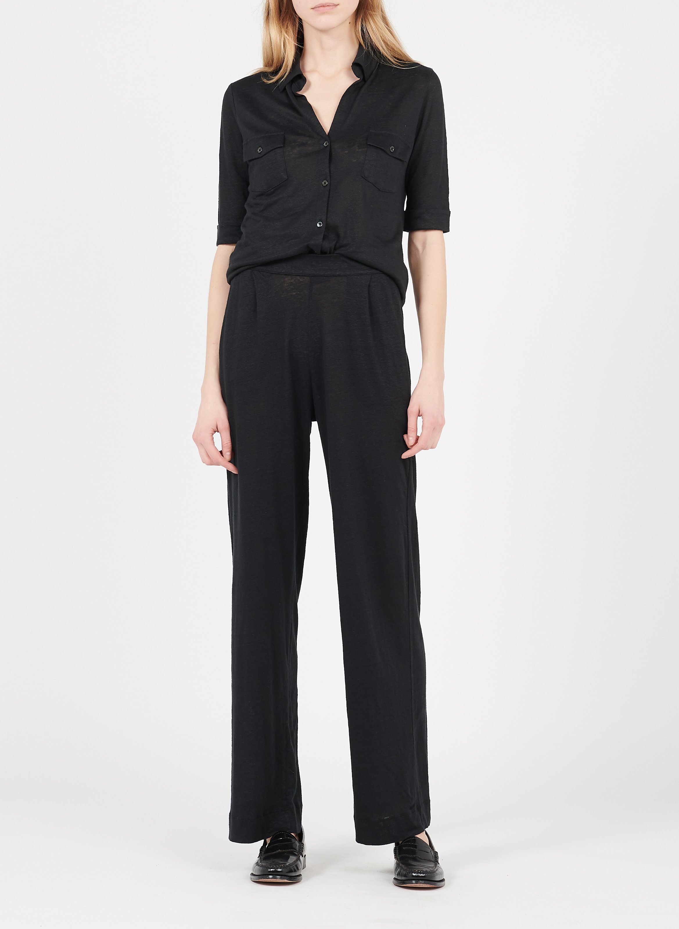 Linen-blend shirt with classic collar MAJESTIC FILATURES Black