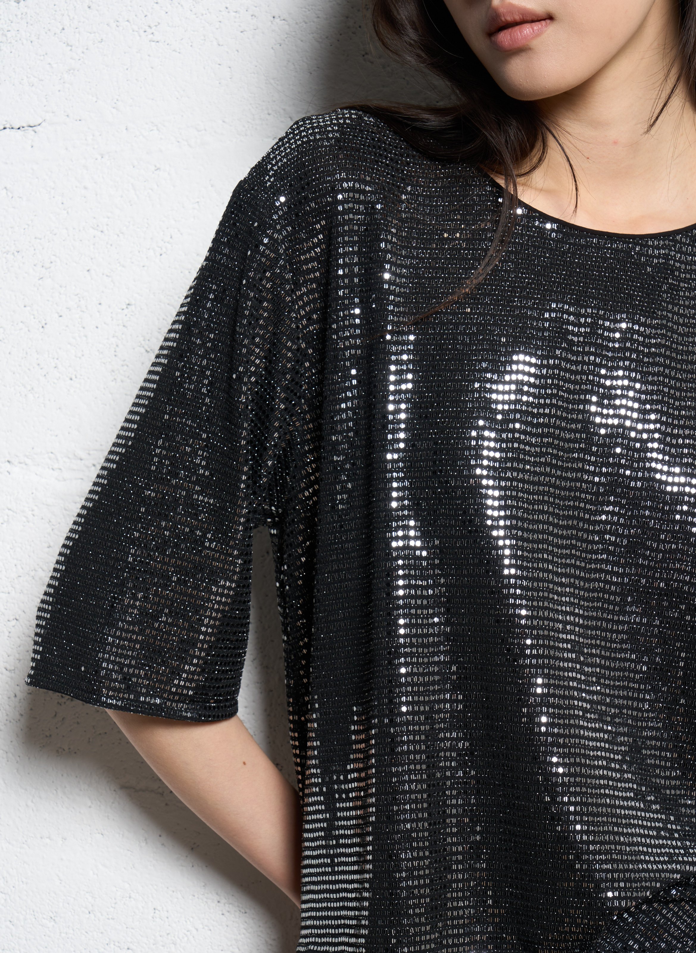 Großes Top mit kurzen Paillettenärmeln SUNCOO Silber