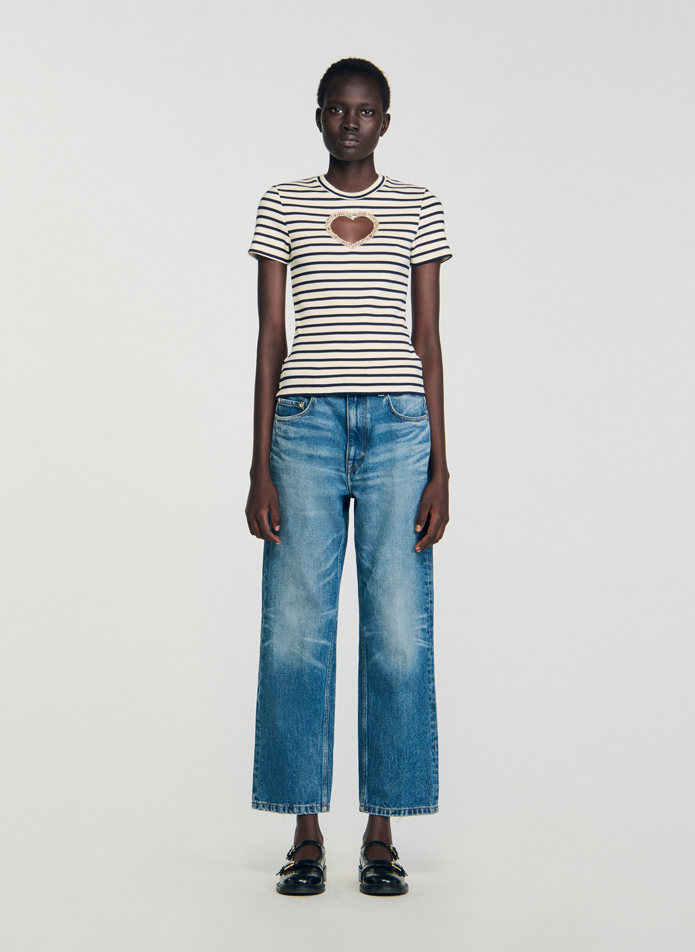 Tee-shirt col rond à rayures SANDRO Blanc