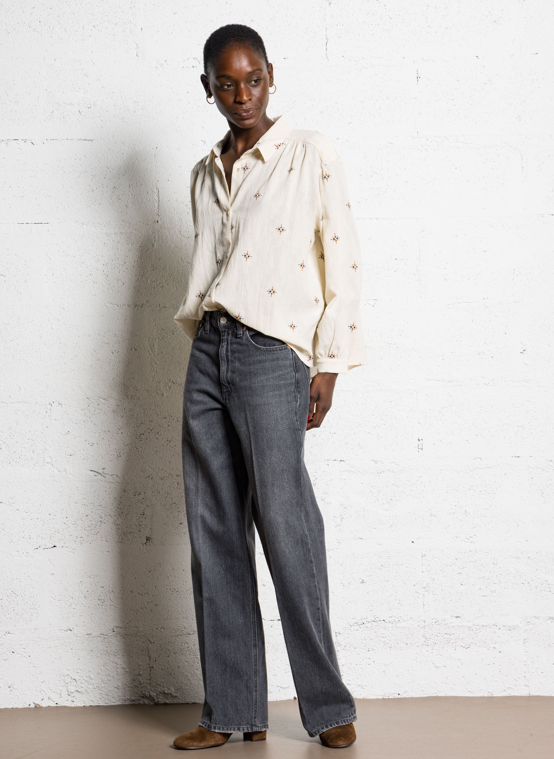 Chemise oversize en coton brodé SACRECOEUR Beige