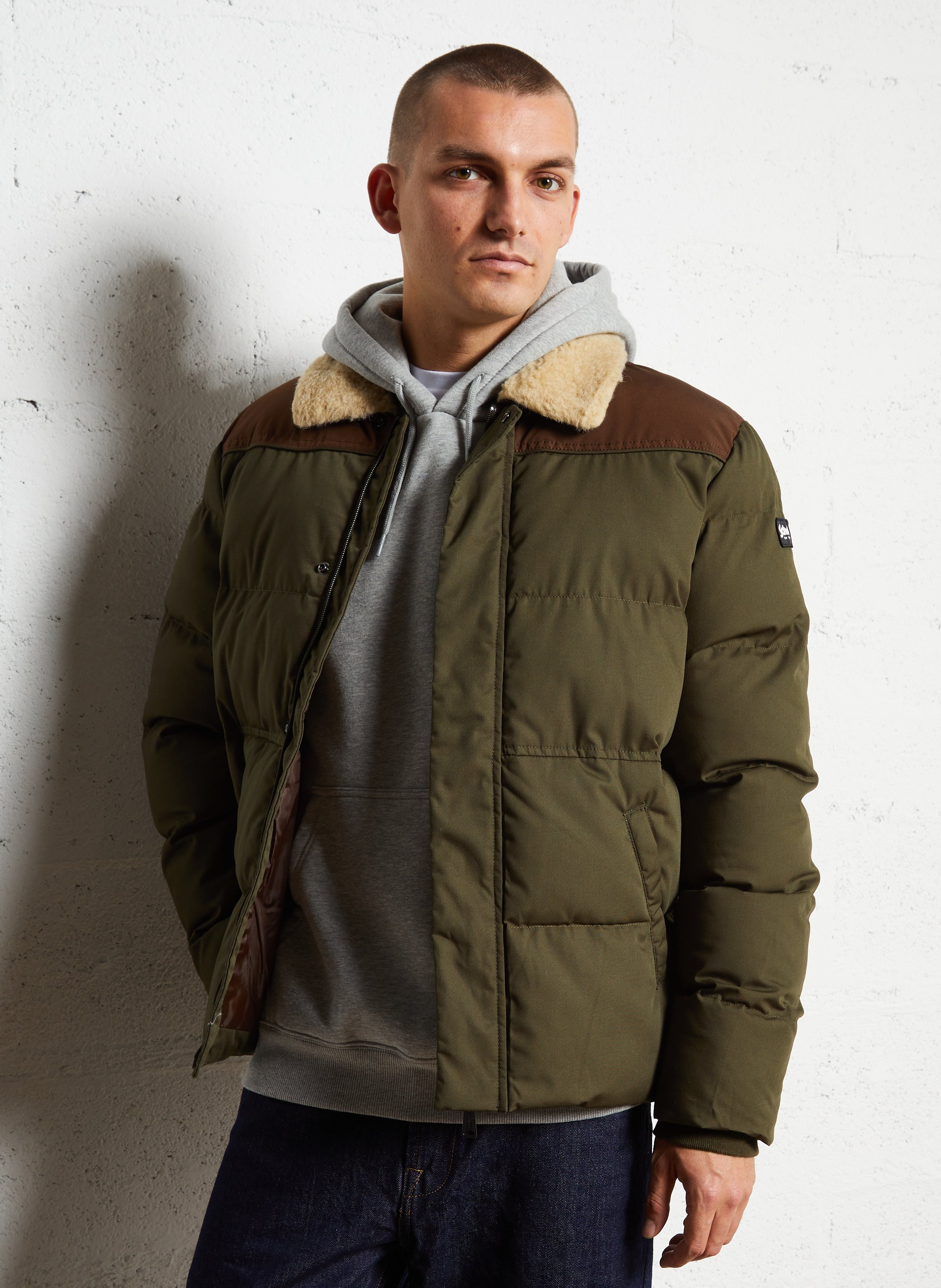 Straight classic collar puffer jacket in blended cotton SCHOTT Brown