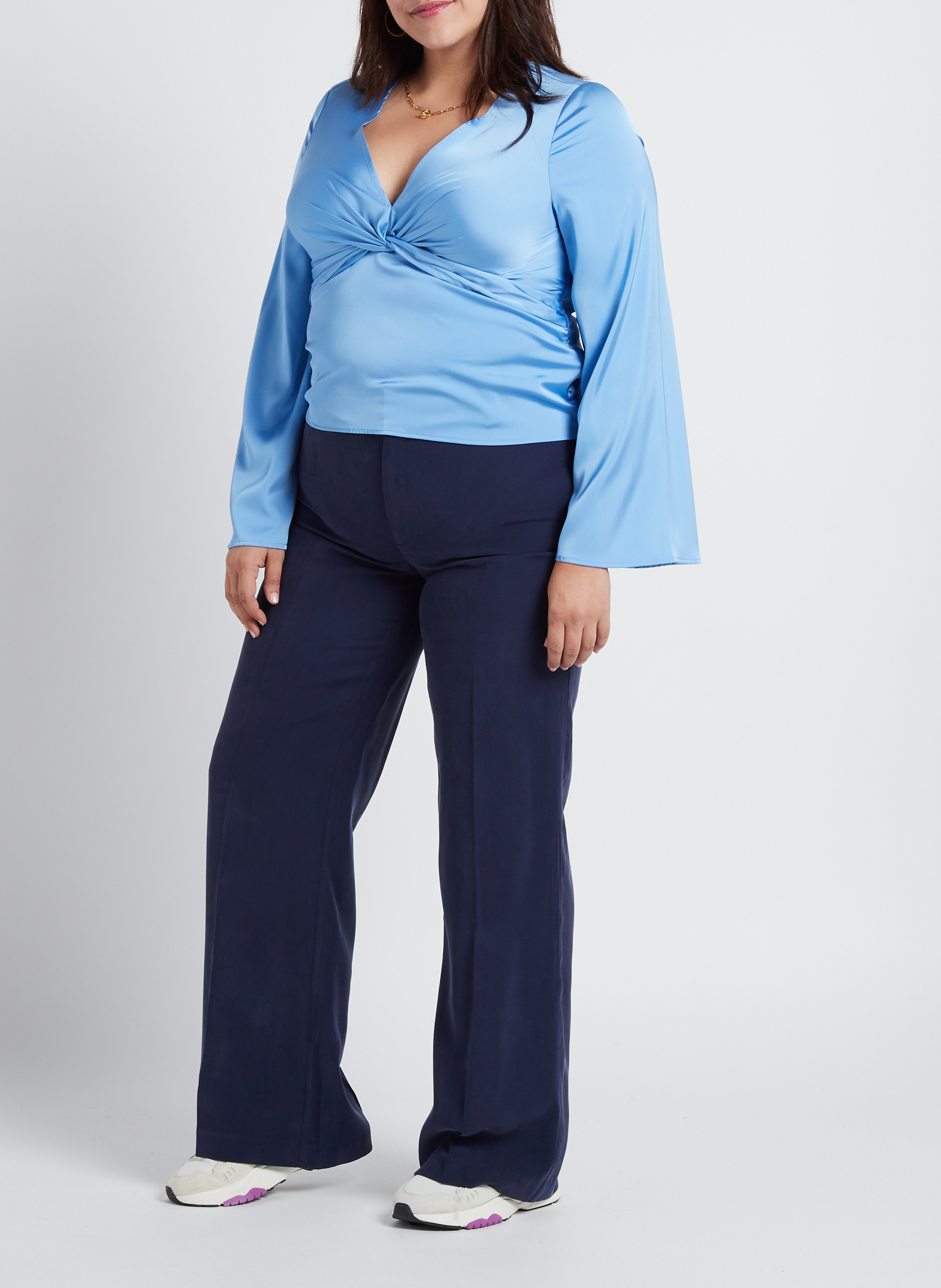 Flowing satin-finish V-neck top GINA TRICOT Blue