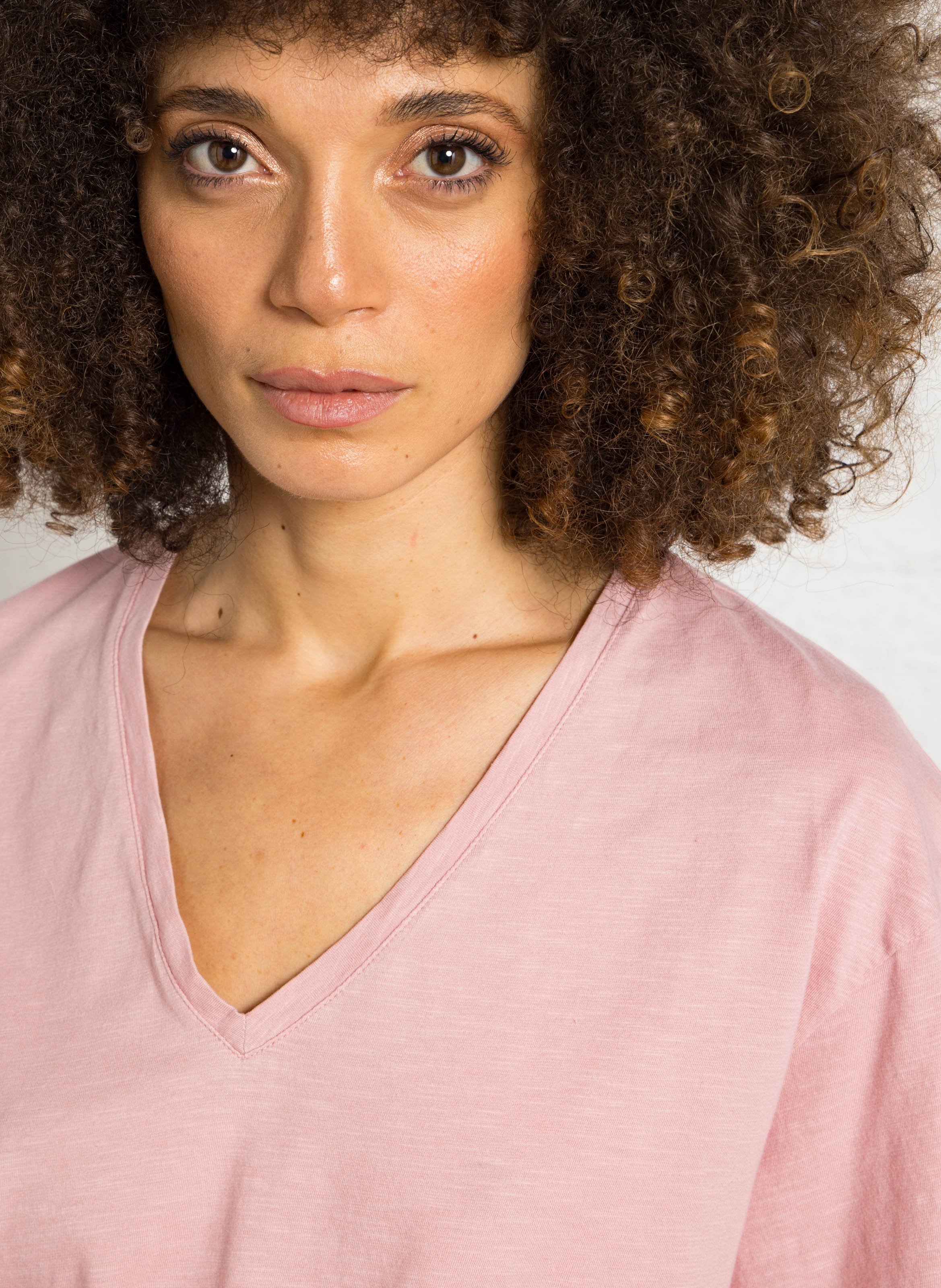 Tee-shirt ample col V en coton DES PETITS HAUTS Rose