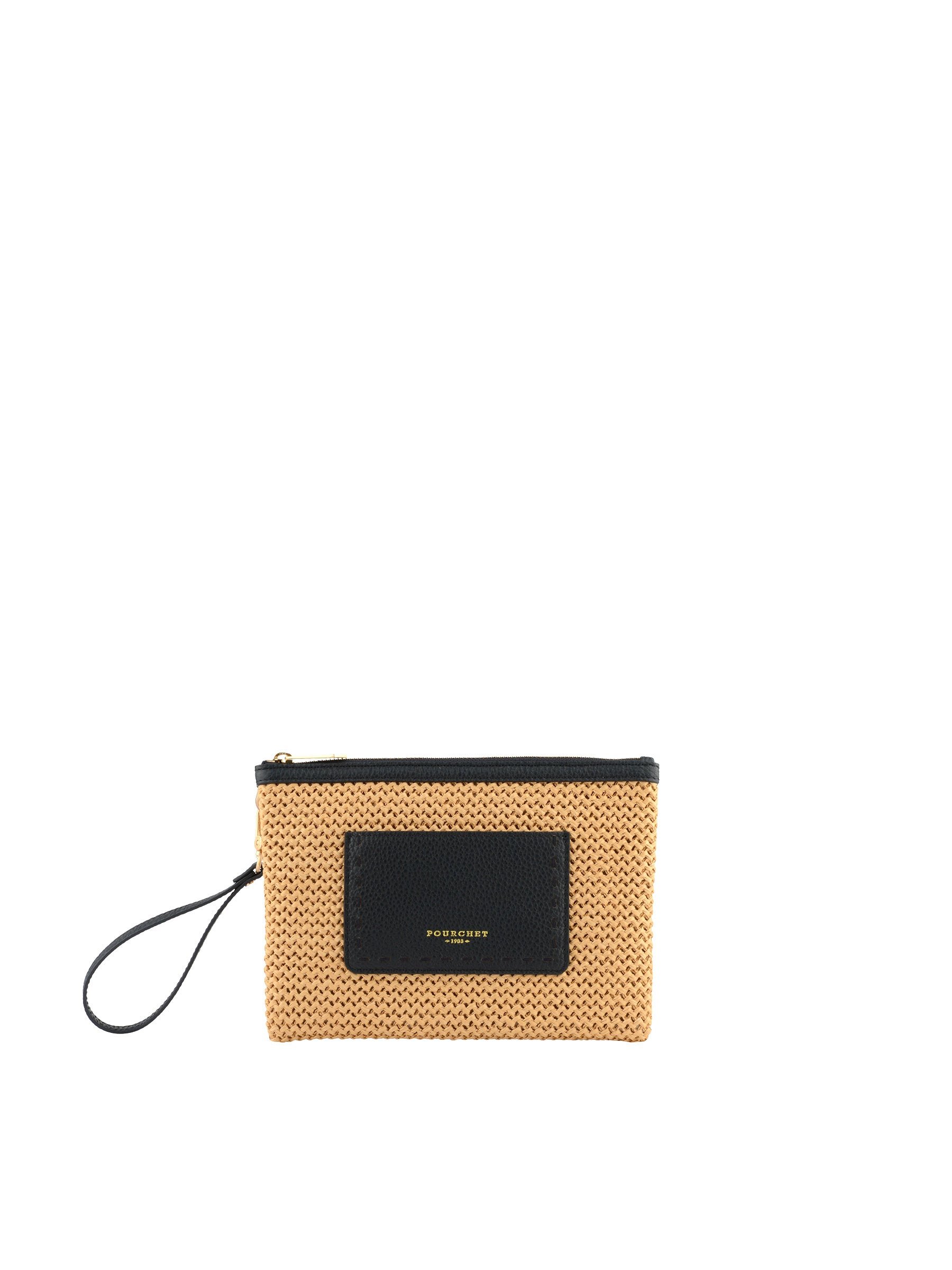 Straw clutch with leather trim POURCHET