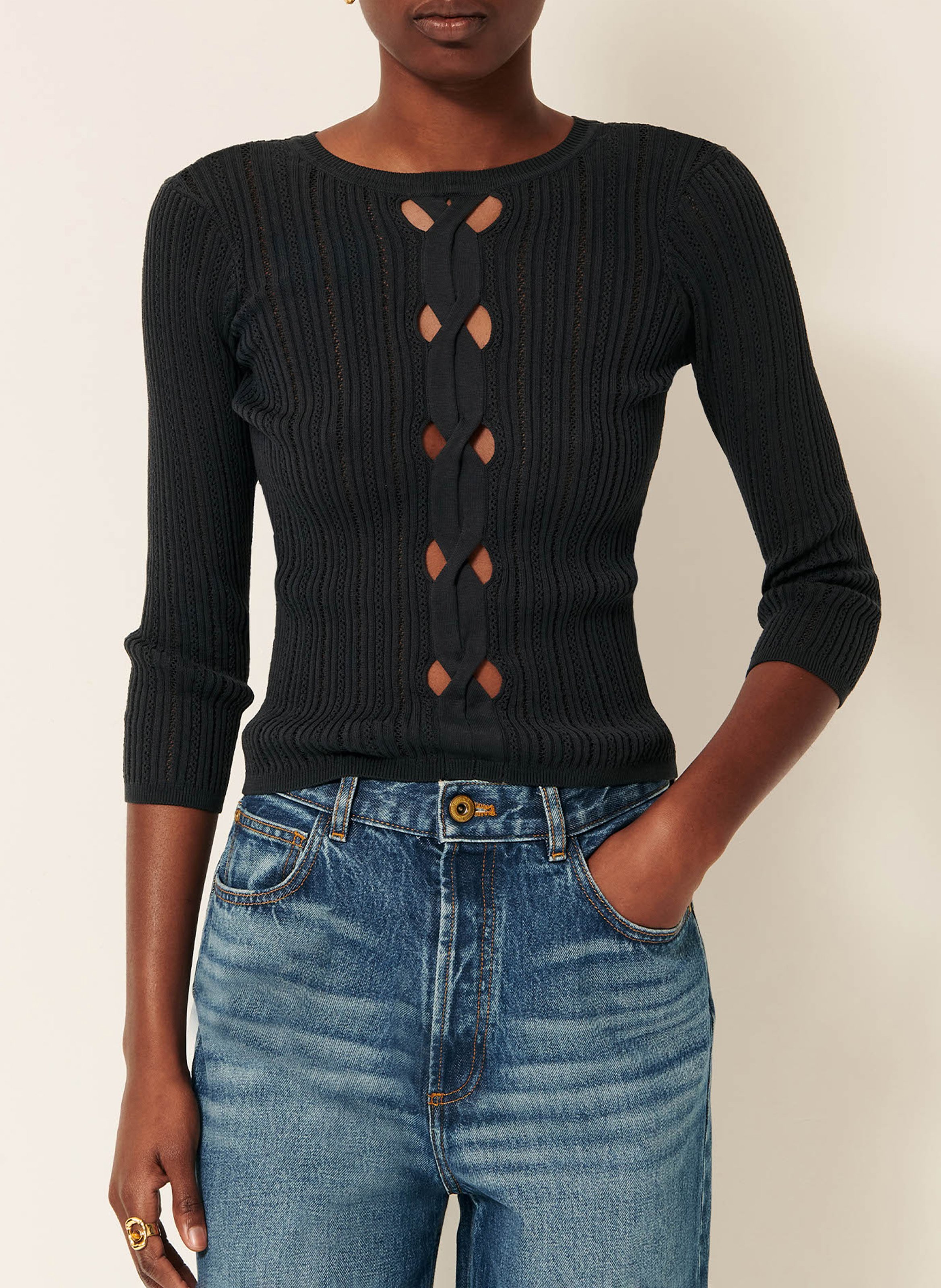 Three-quarter sleeve knit cotton sweater with cutouts SESSUN Green