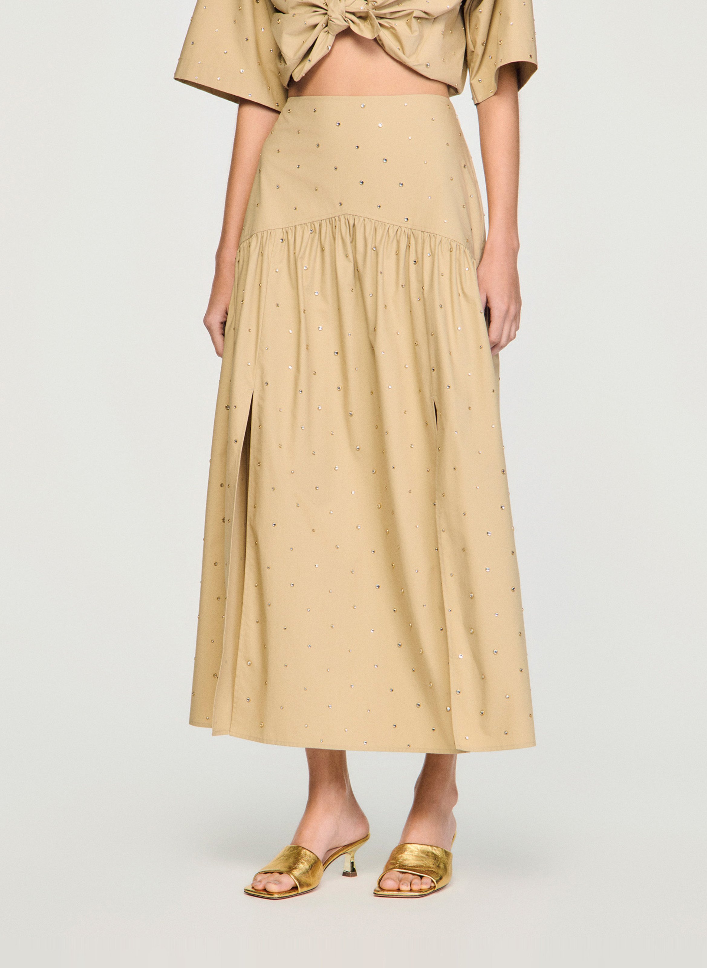 Wijd uitlopende lange rok met strass SANDRO Beige
