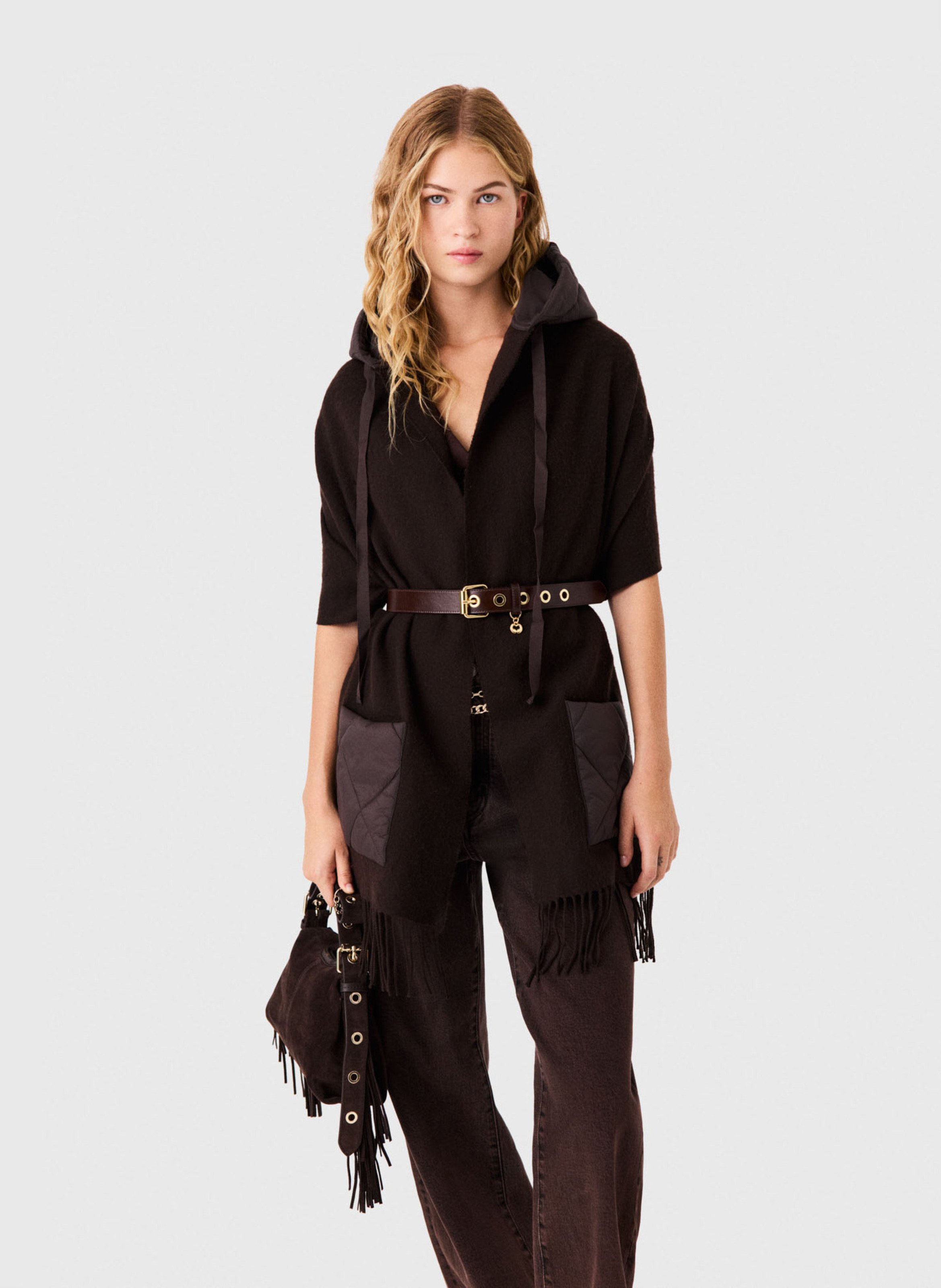 Wool hooded poncho MAJE Brown