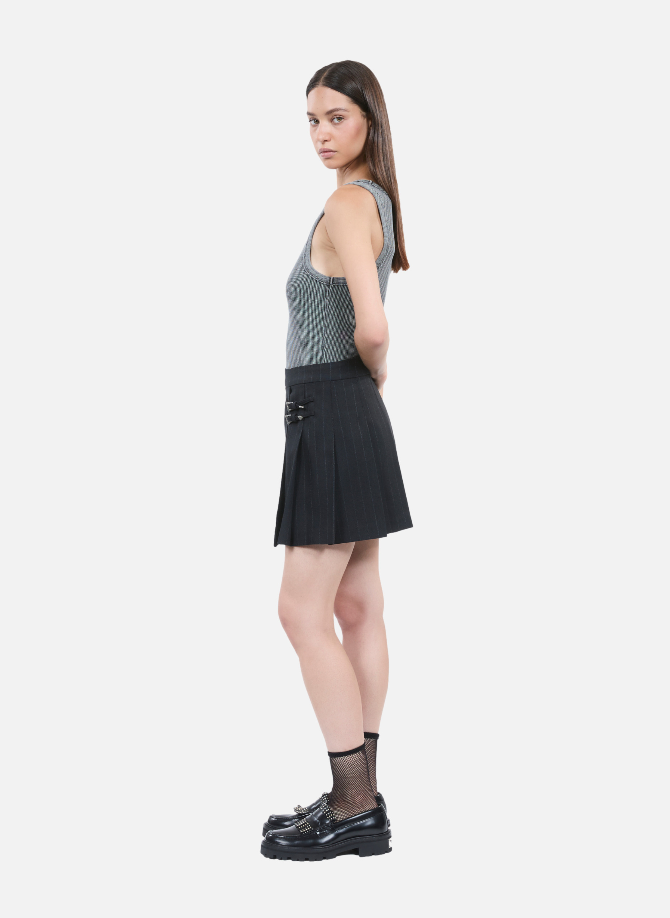 Short pleated wrap skirt with stripes THE KOOPLES Black