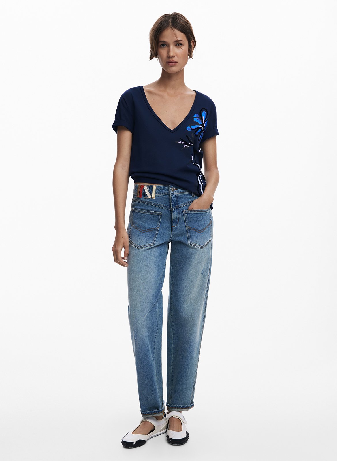 Tee-shirt col V en coton DESIGUAL Bleu