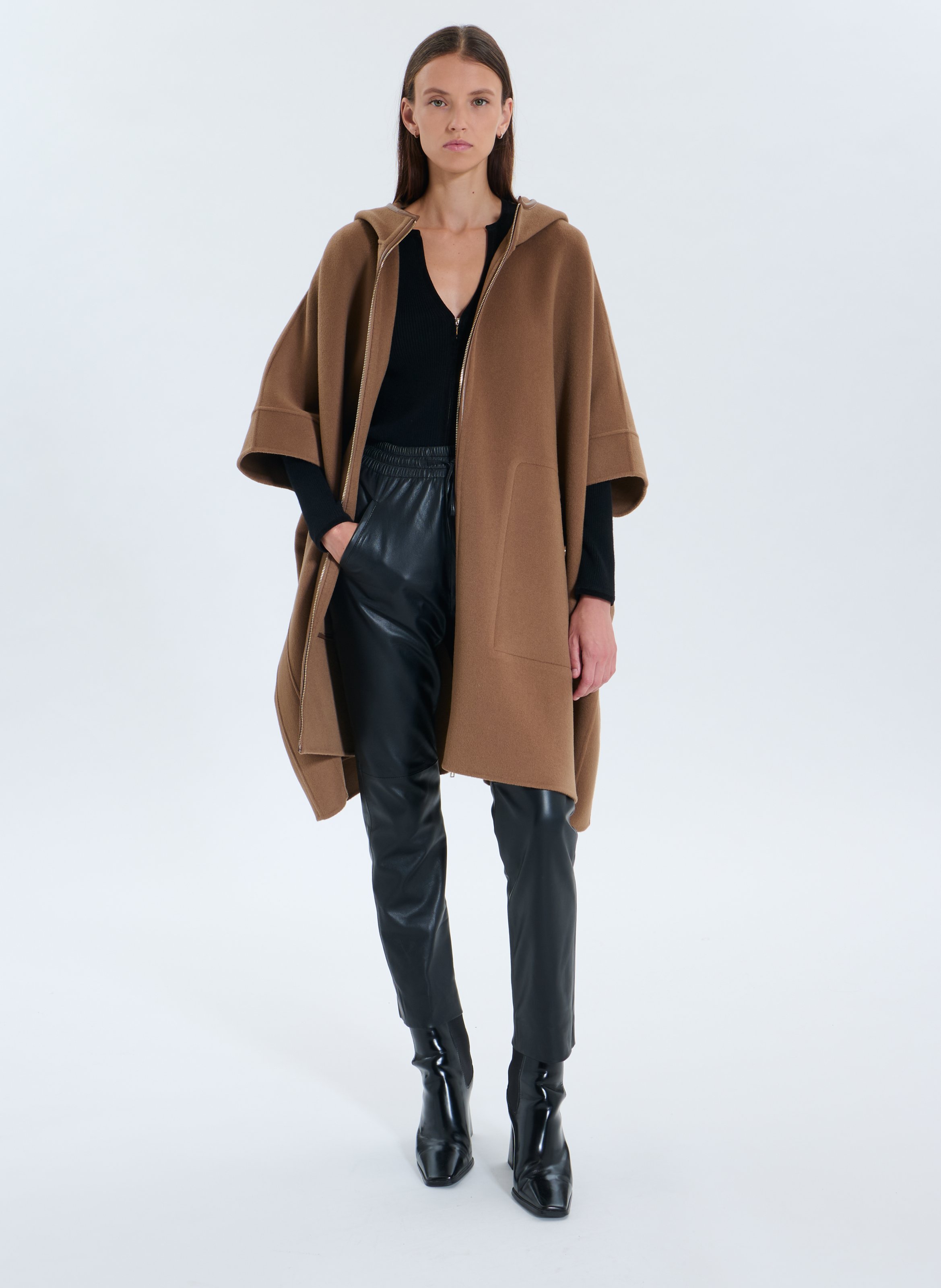 Round neck wool blend cape ZAPA Brown