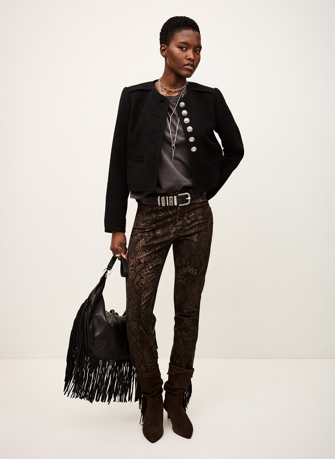 Round-neck wool-blend jacket Black