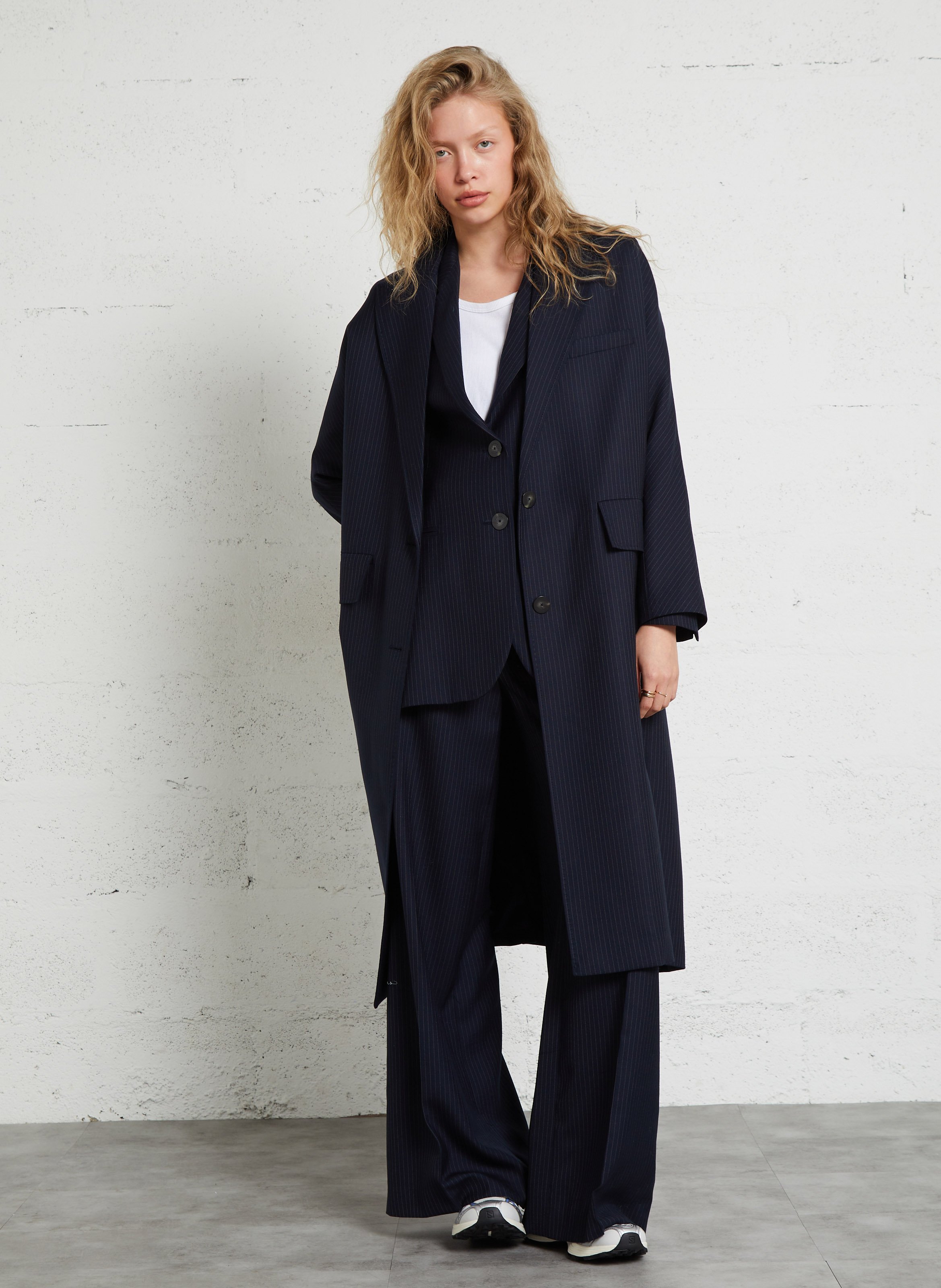Long manteau rayé en laine MARGAUX LONNBERG Bleu