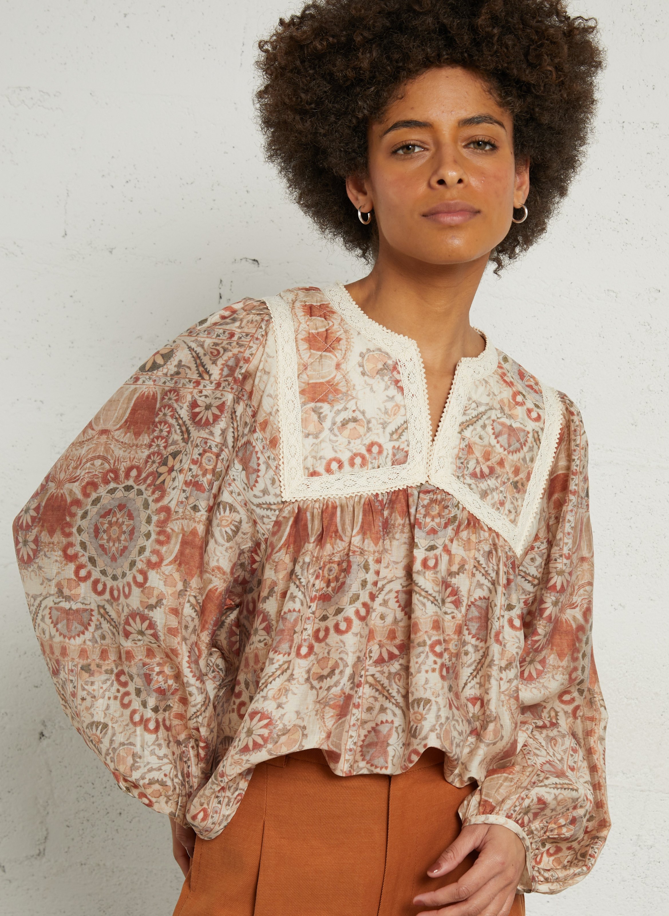 Blouse imprimée col tunisien broderie SEE U SOON Blanc