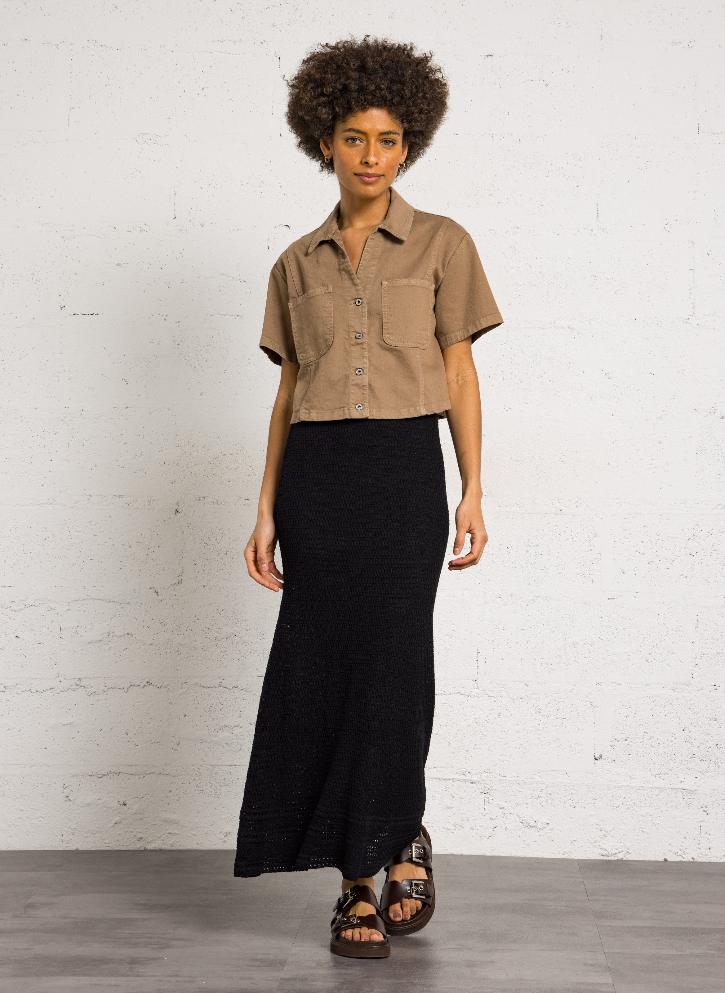 Straight-cut cotton-blend shirt with classic collar PLEASE Brown