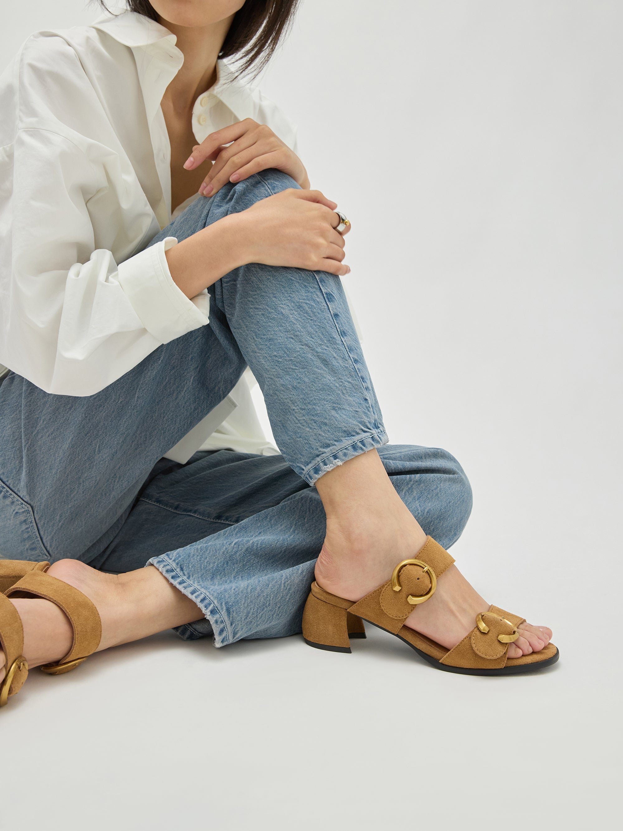 Leather mules with half-moon heel and straps VANESSA WU Brown