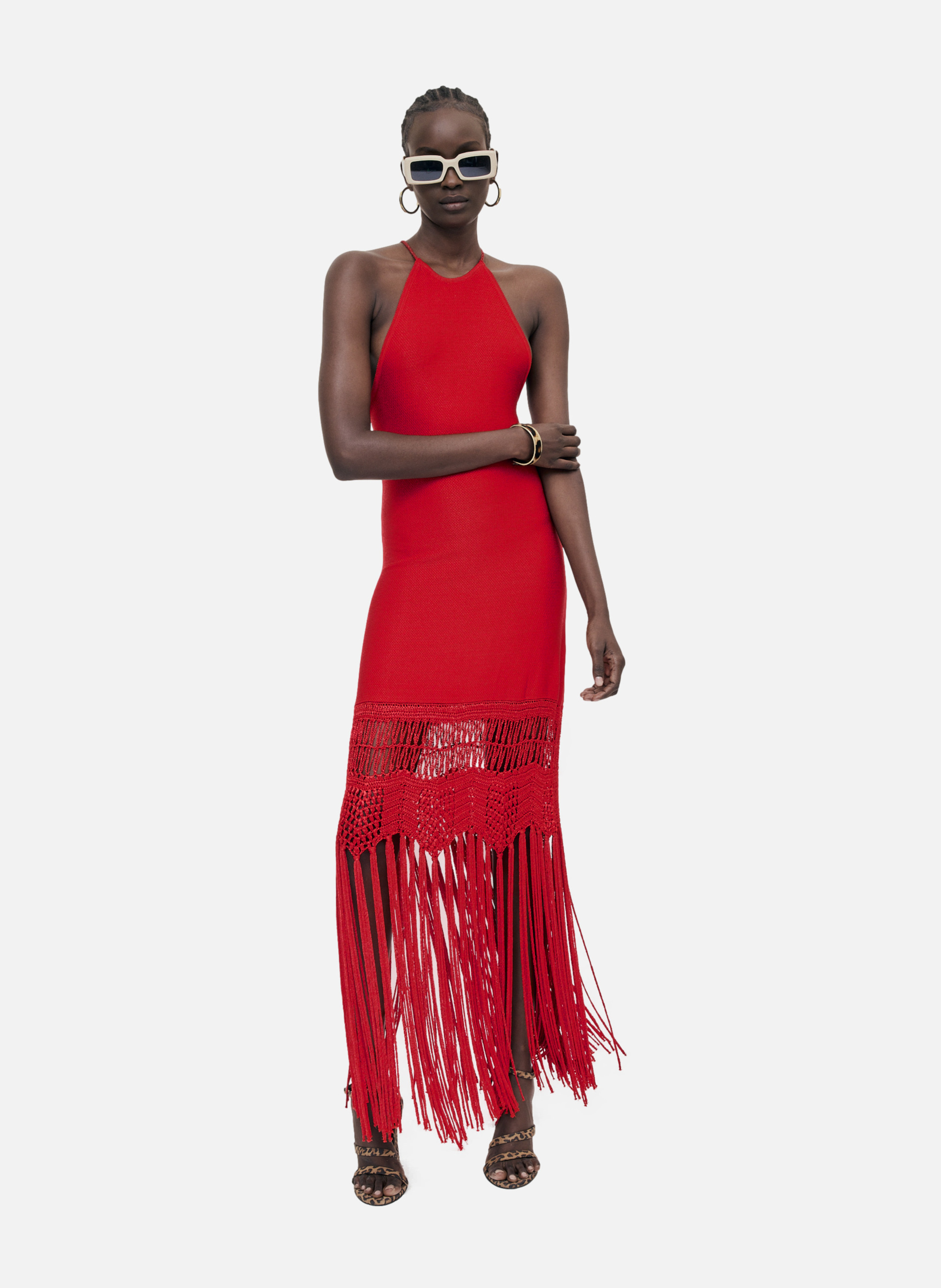 Robe dos nu avec franges en maille THE KOOPLES Rouge