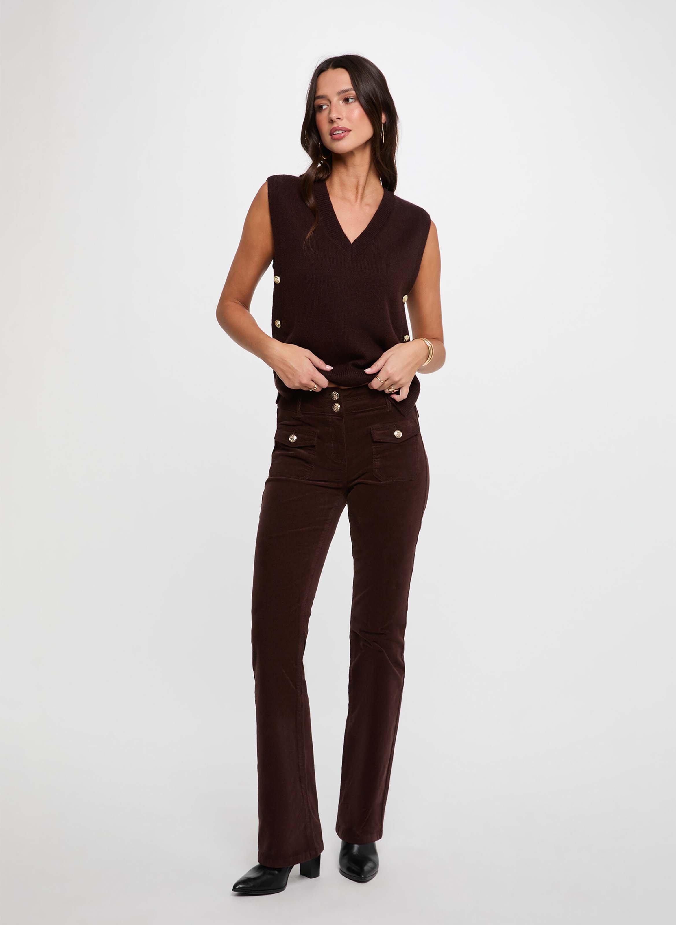 Plain V-neck sleeveless sweater MORGAN Brown