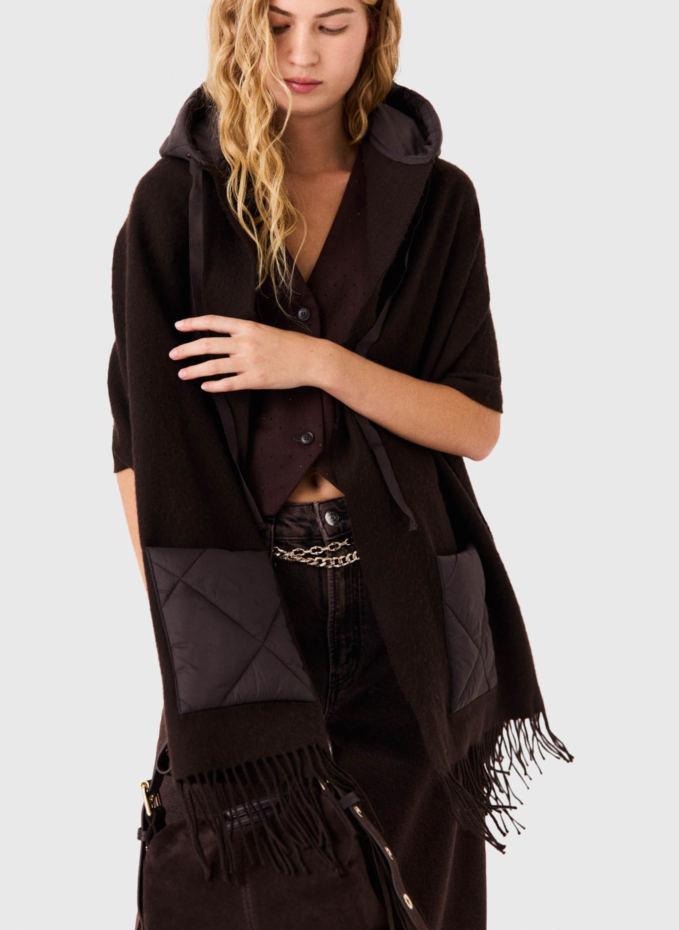 Wool hooded poncho MAJE Brown