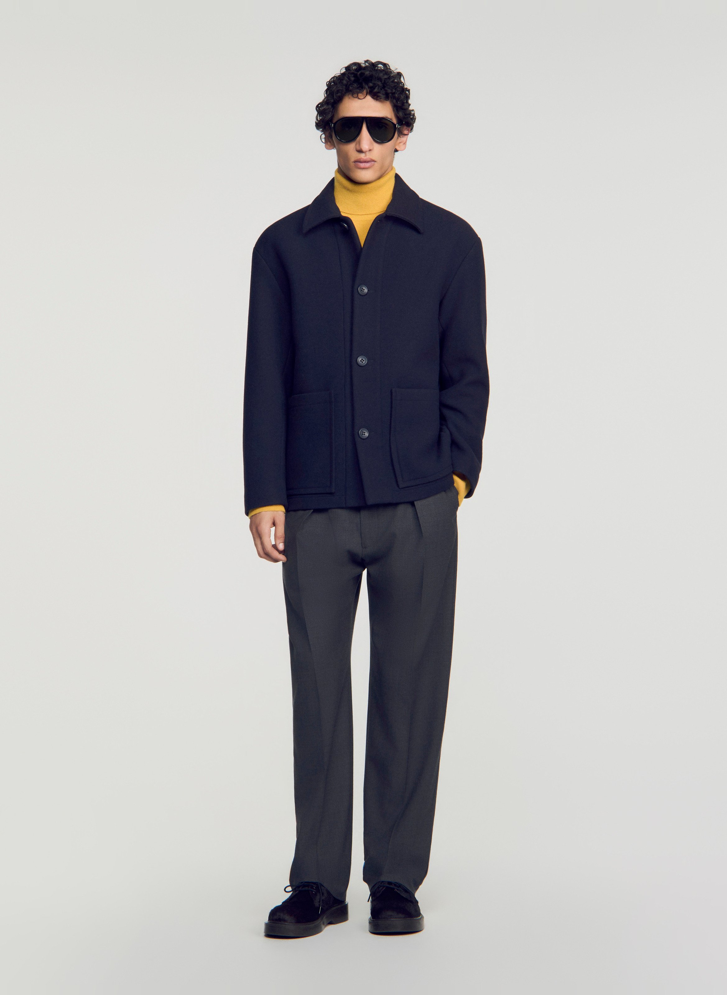 Blouson droit uni en laine mélangée SANDRO Bleu