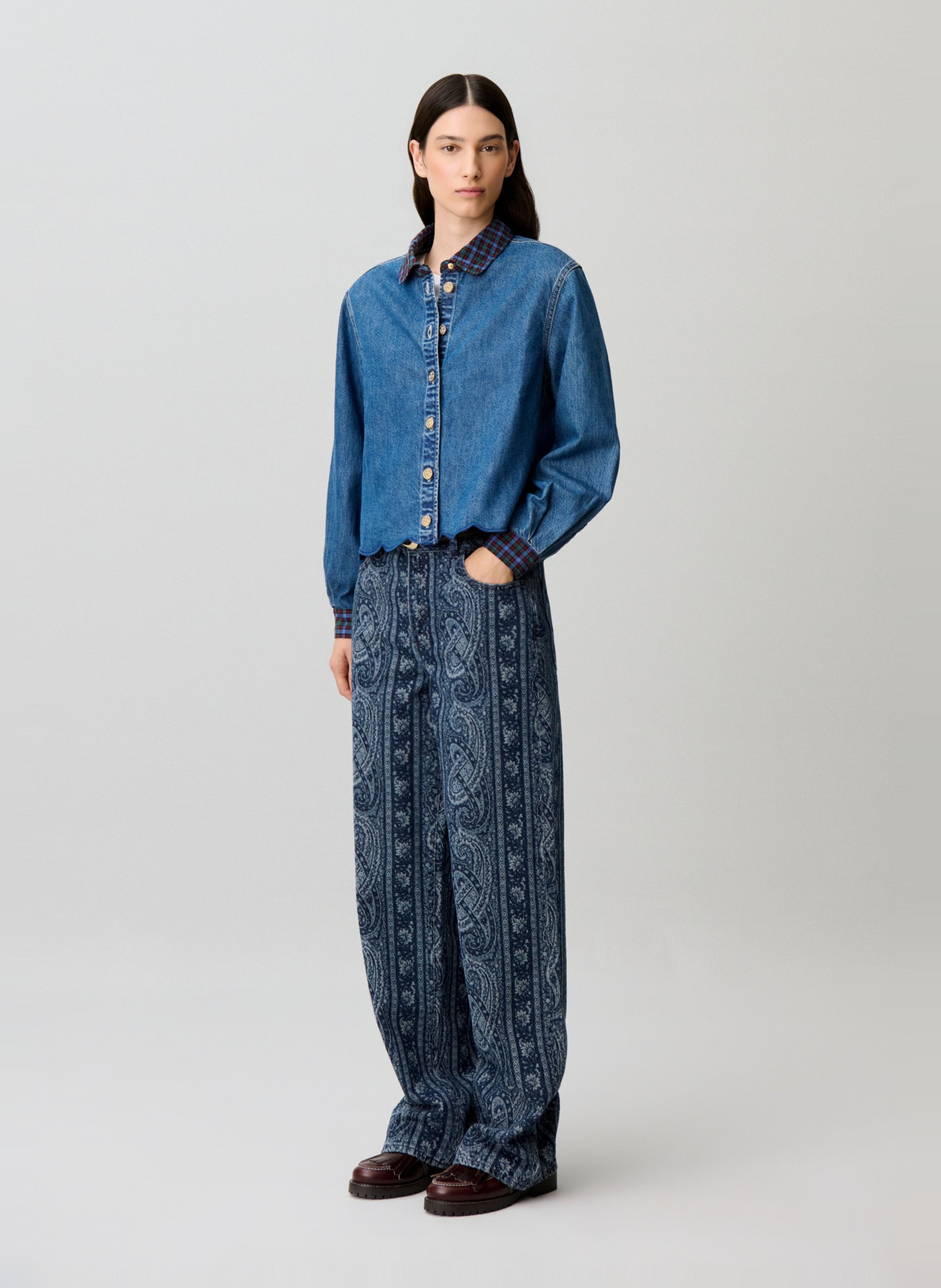 Recht overhemd met klassieke kraag van katoendenim CLAUDIE PIERLOT Blauw