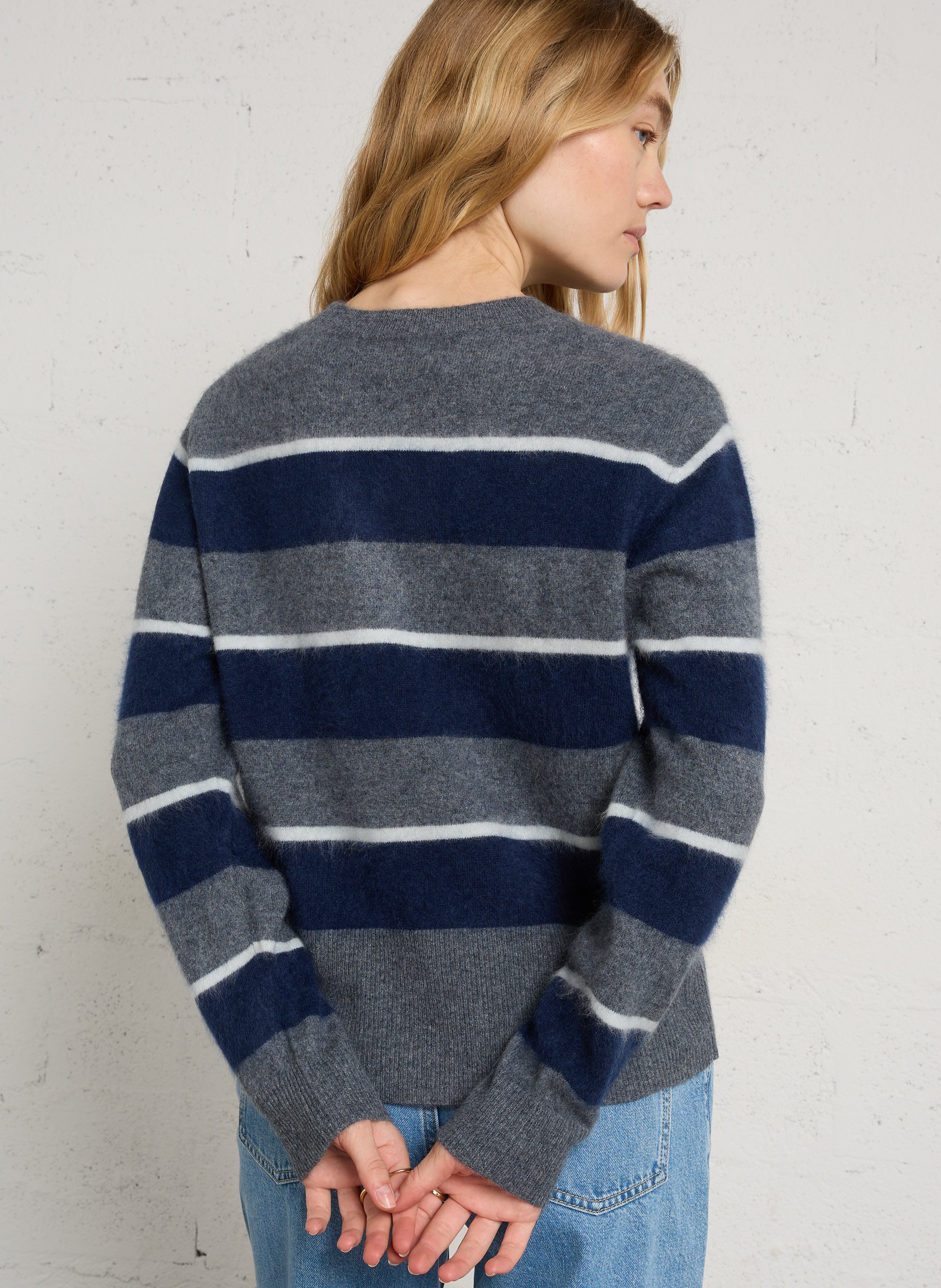 Pull droit col rond rayé en laine BERENICE Gris