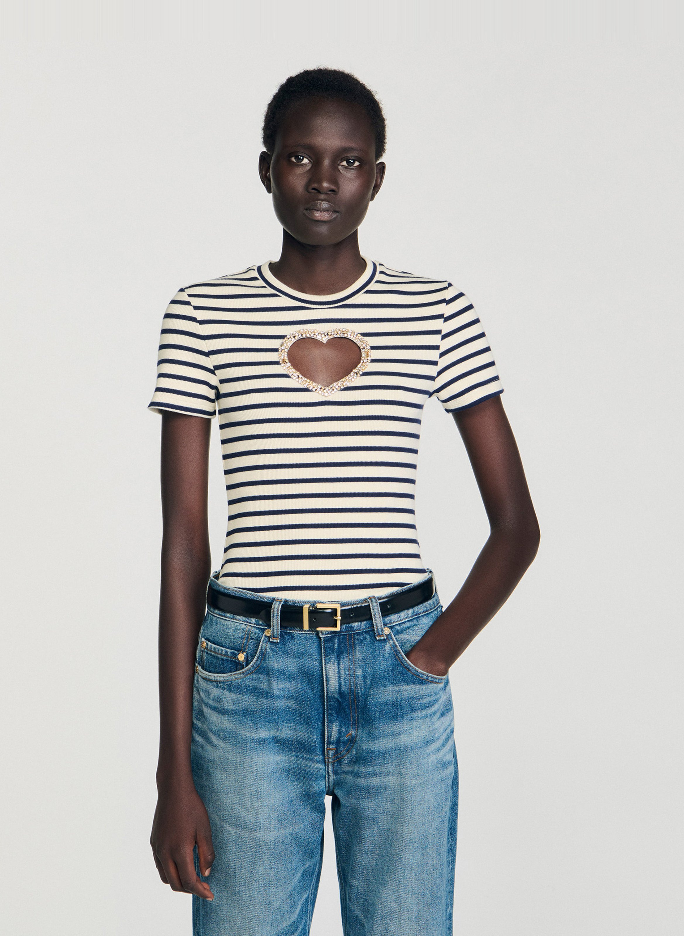 Tee-shirt col rond à rayures SANDRO Blanc