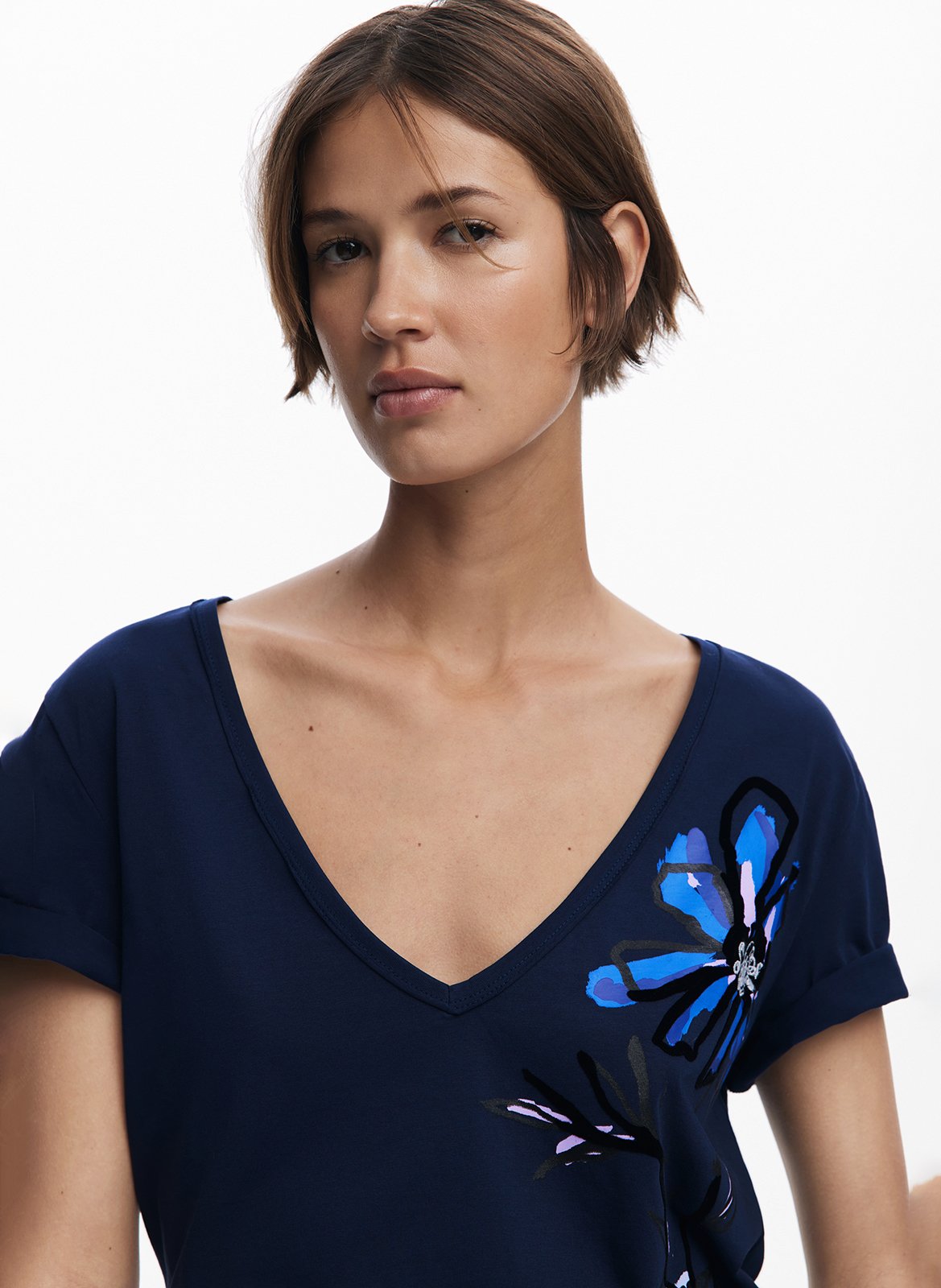 Tee-shirt col V en coton DESIGUAL Bleu