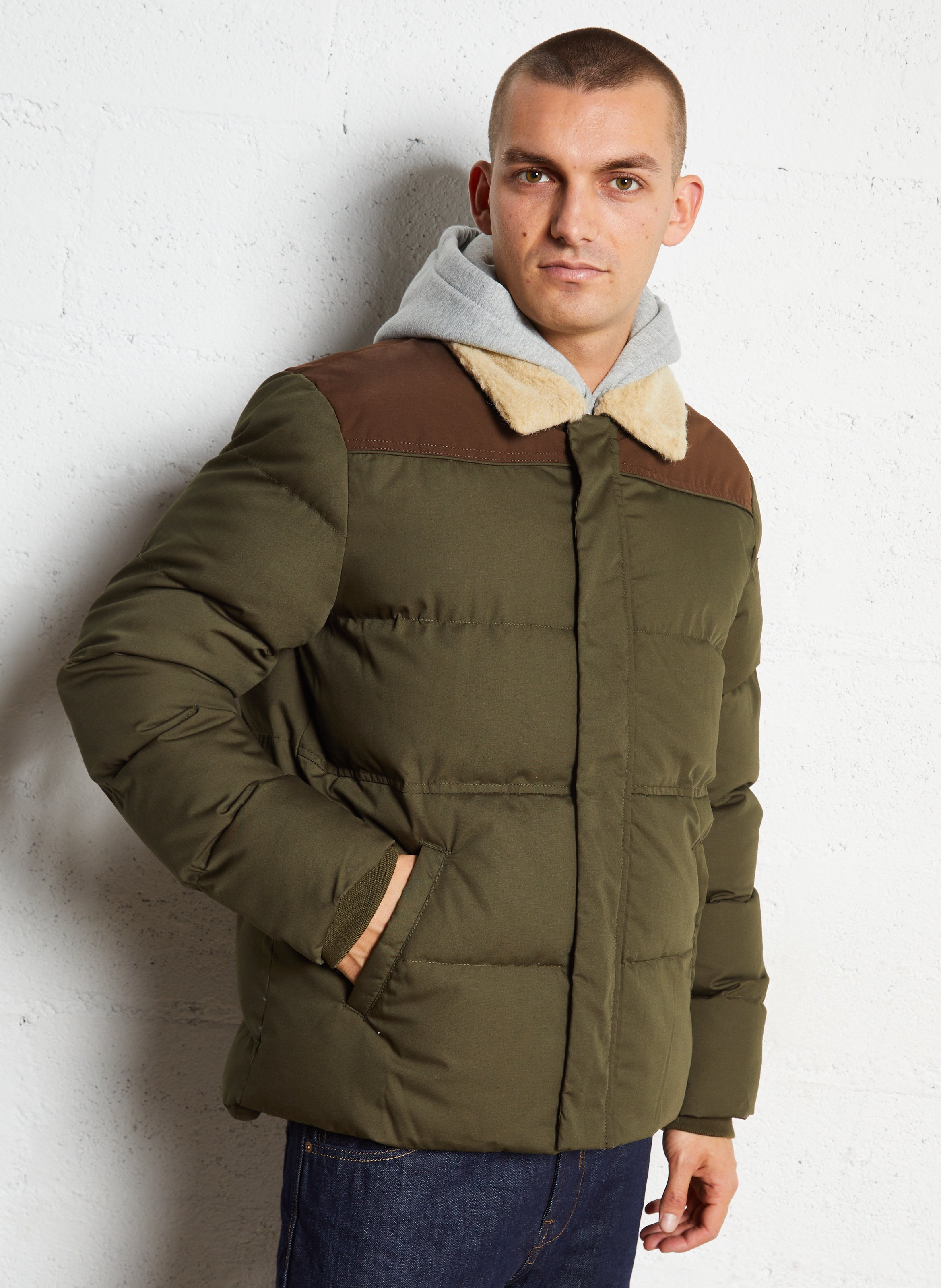 Straight classic collar puffer jacket in blended cotton SCHOTT Brown