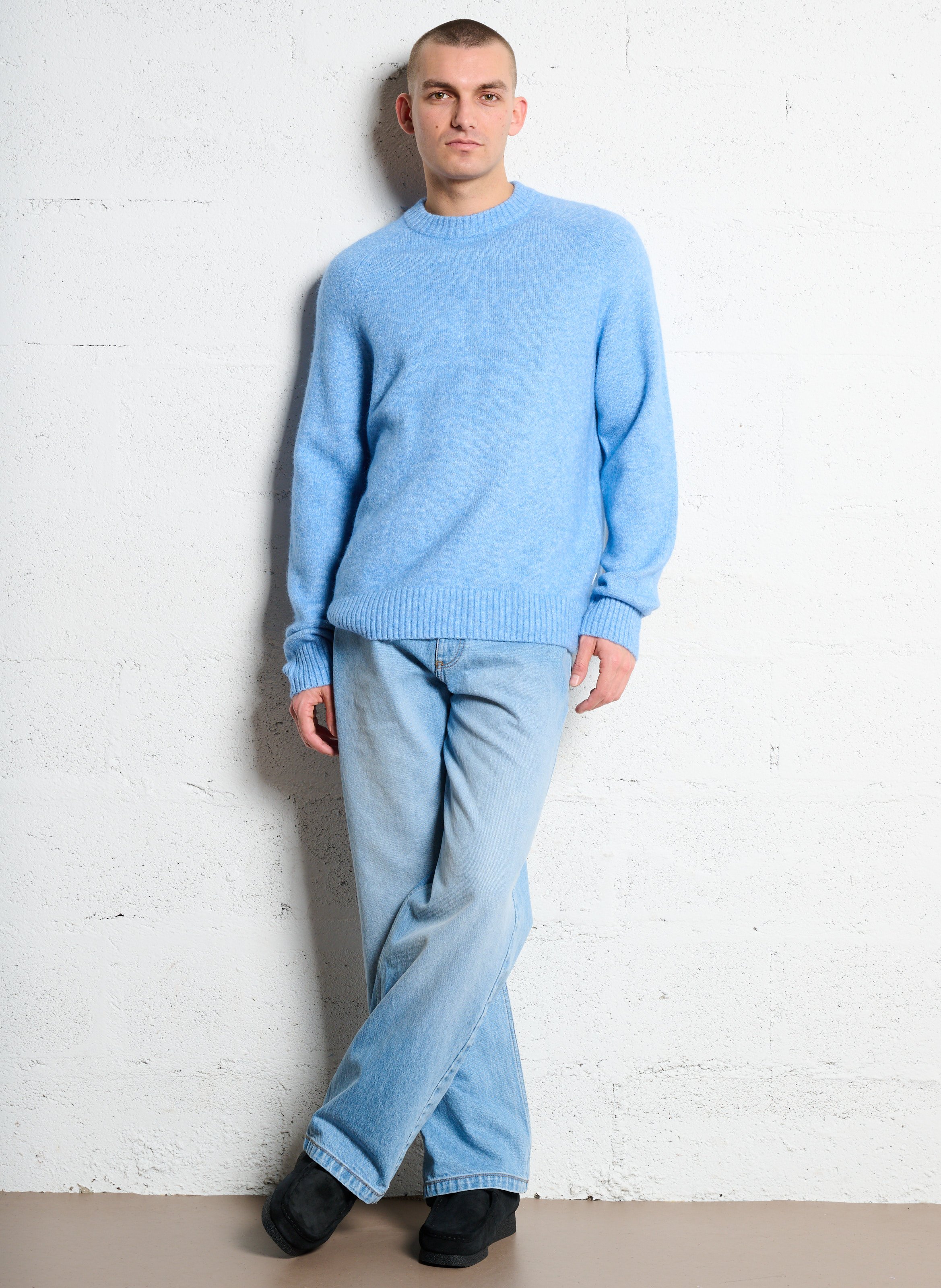 Pull droit col rond en maille mélangée LES DEUX Bleu