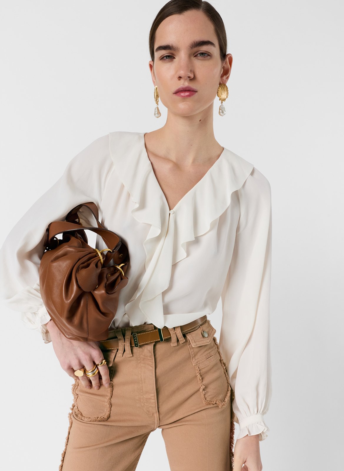 Weites V-Ausschnitt-Top mit Volants in Unifarben GERARD DAREL Beige