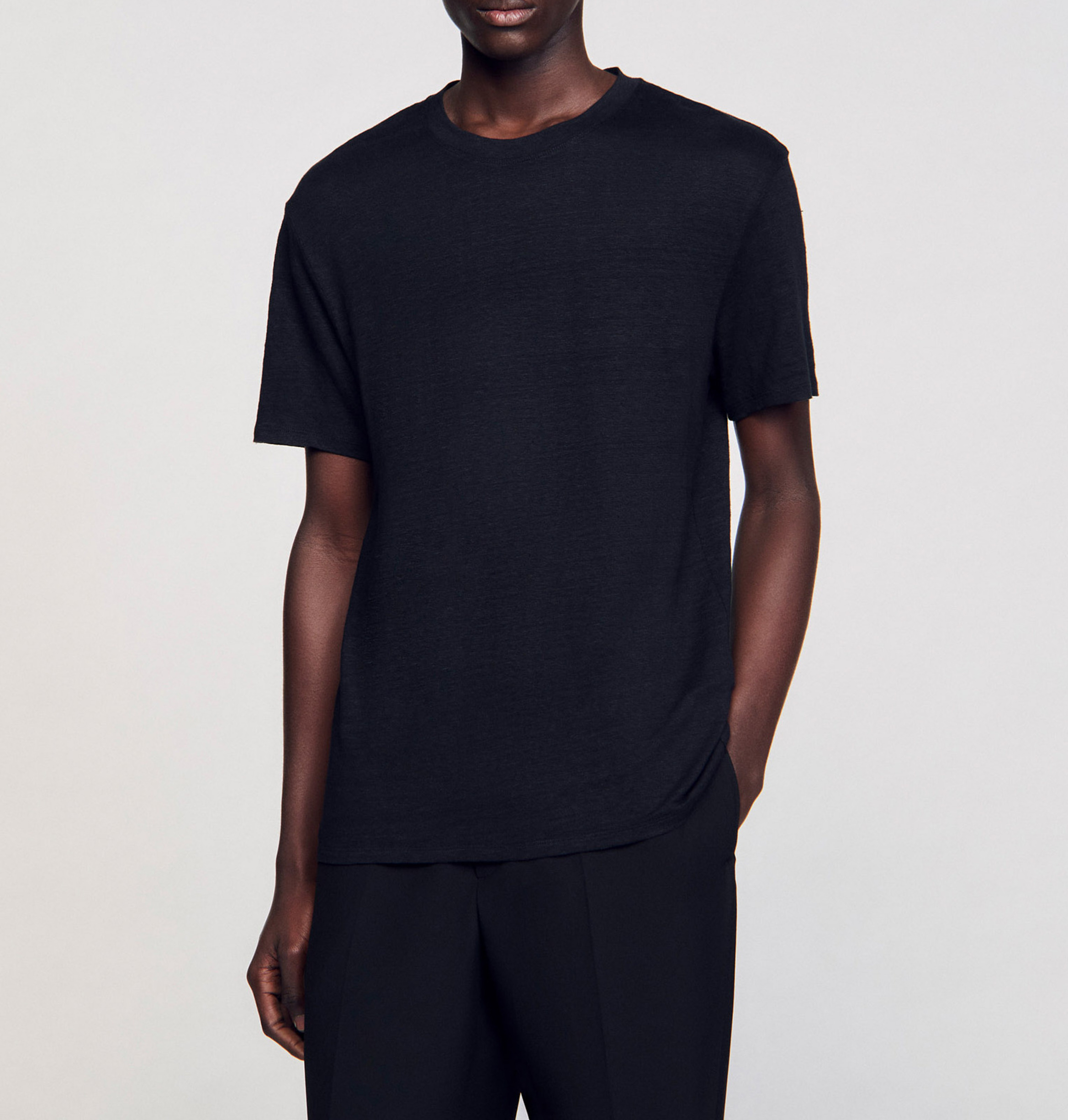 Tee-shirt col rond regular-fit en lin SANDRO Noir