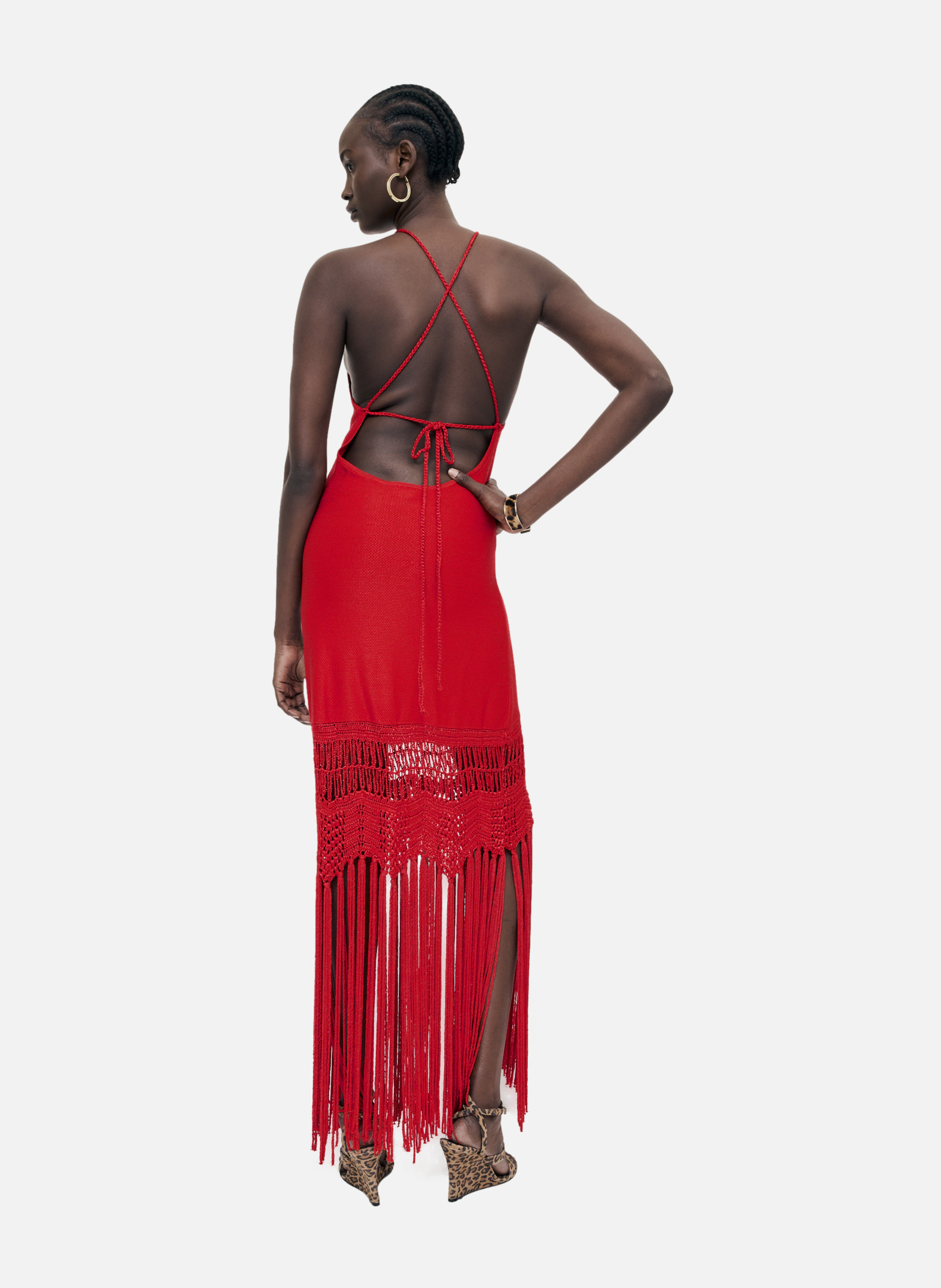 Robe dos nu avec franges en maille THE KOOPLES Rouge