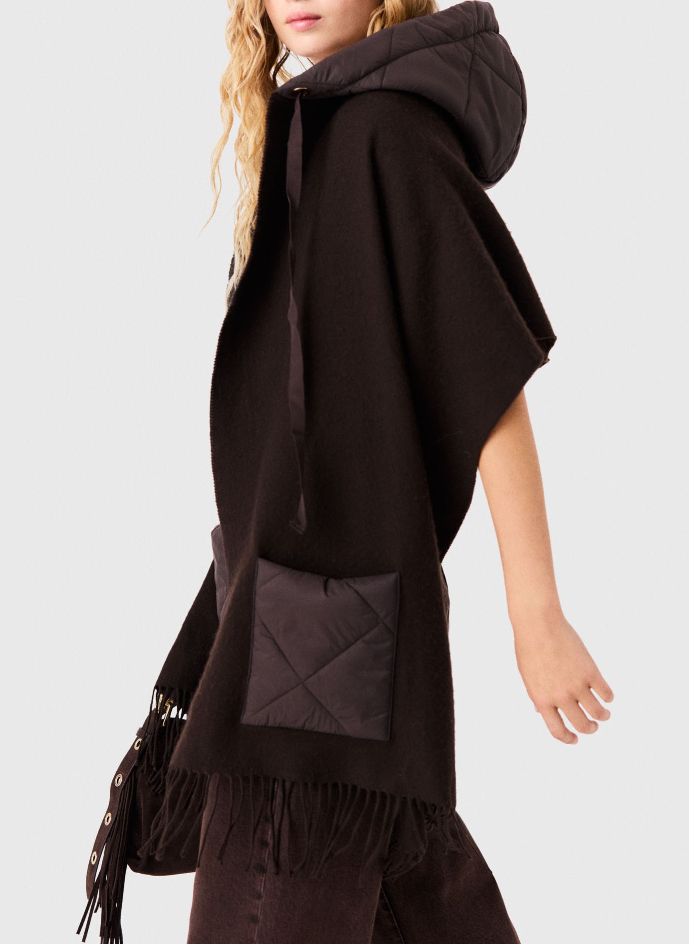 Wool hooded poncho MAJE Brown