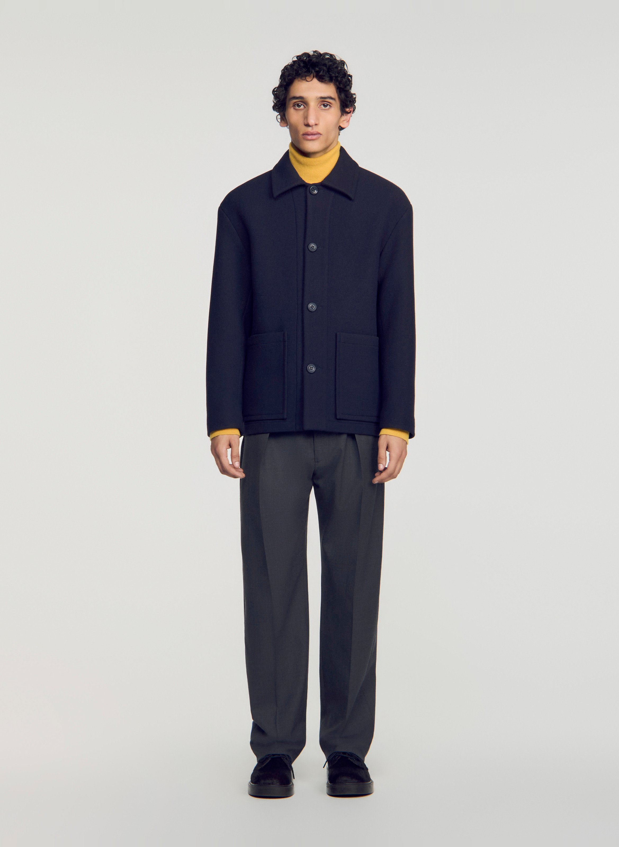 Blouson droit uni en laine mélangée SANDRO Bleu