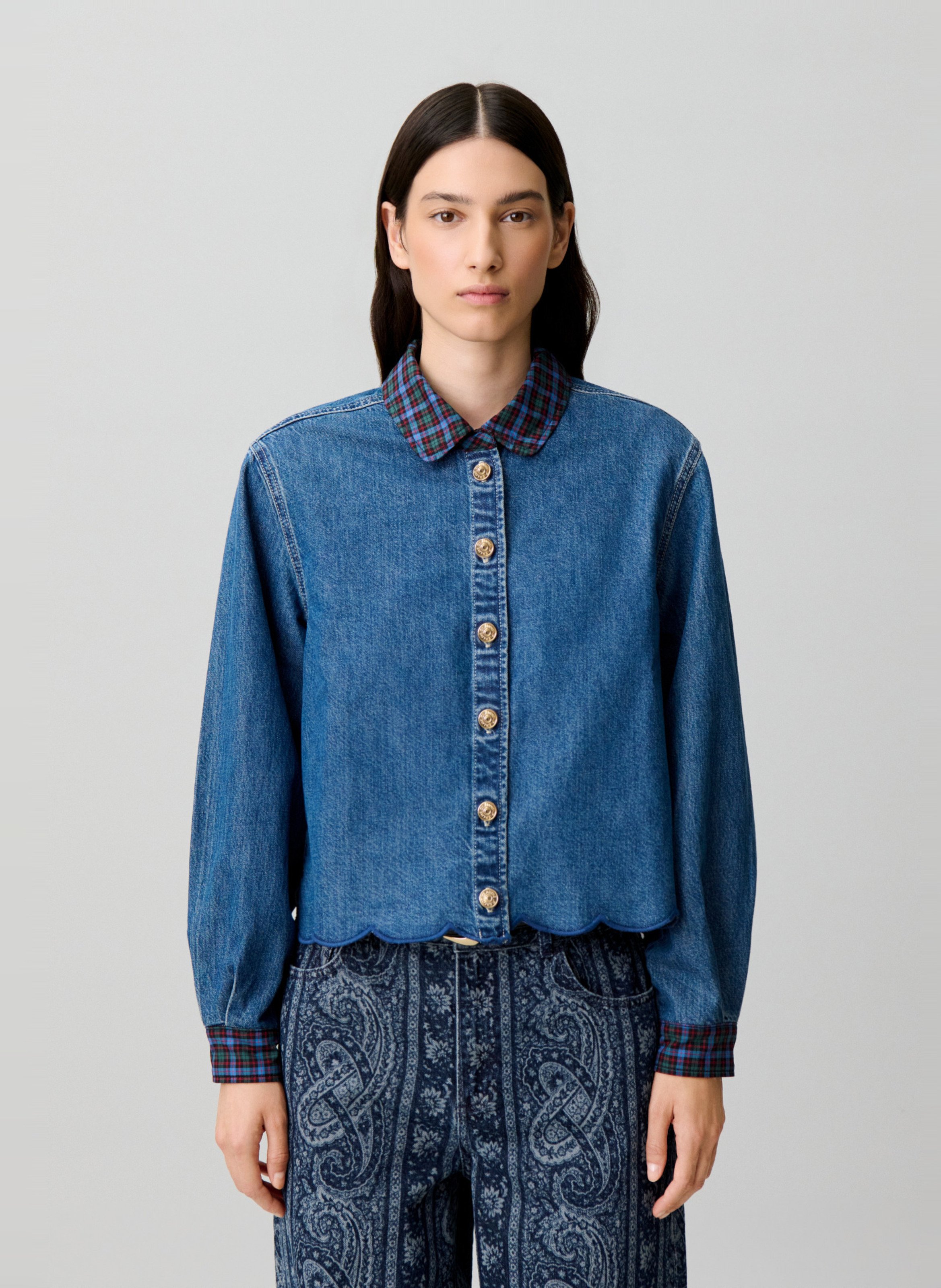Recht overhemd met klassieke kraag van katoendenim CLAUDIE PIERLOT Blauw