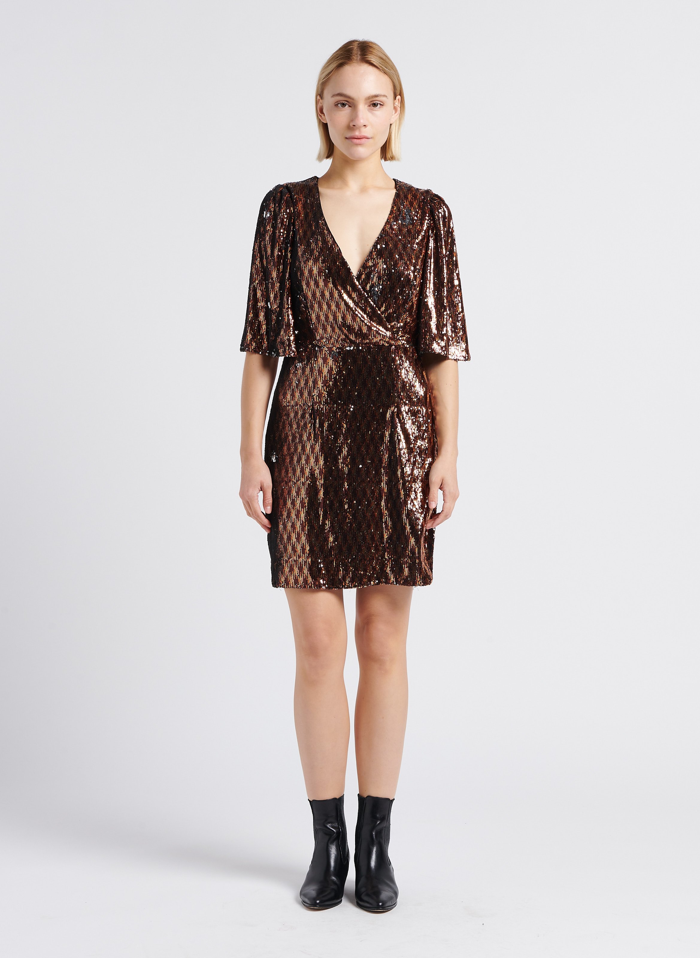 Robe col V sequins Marron