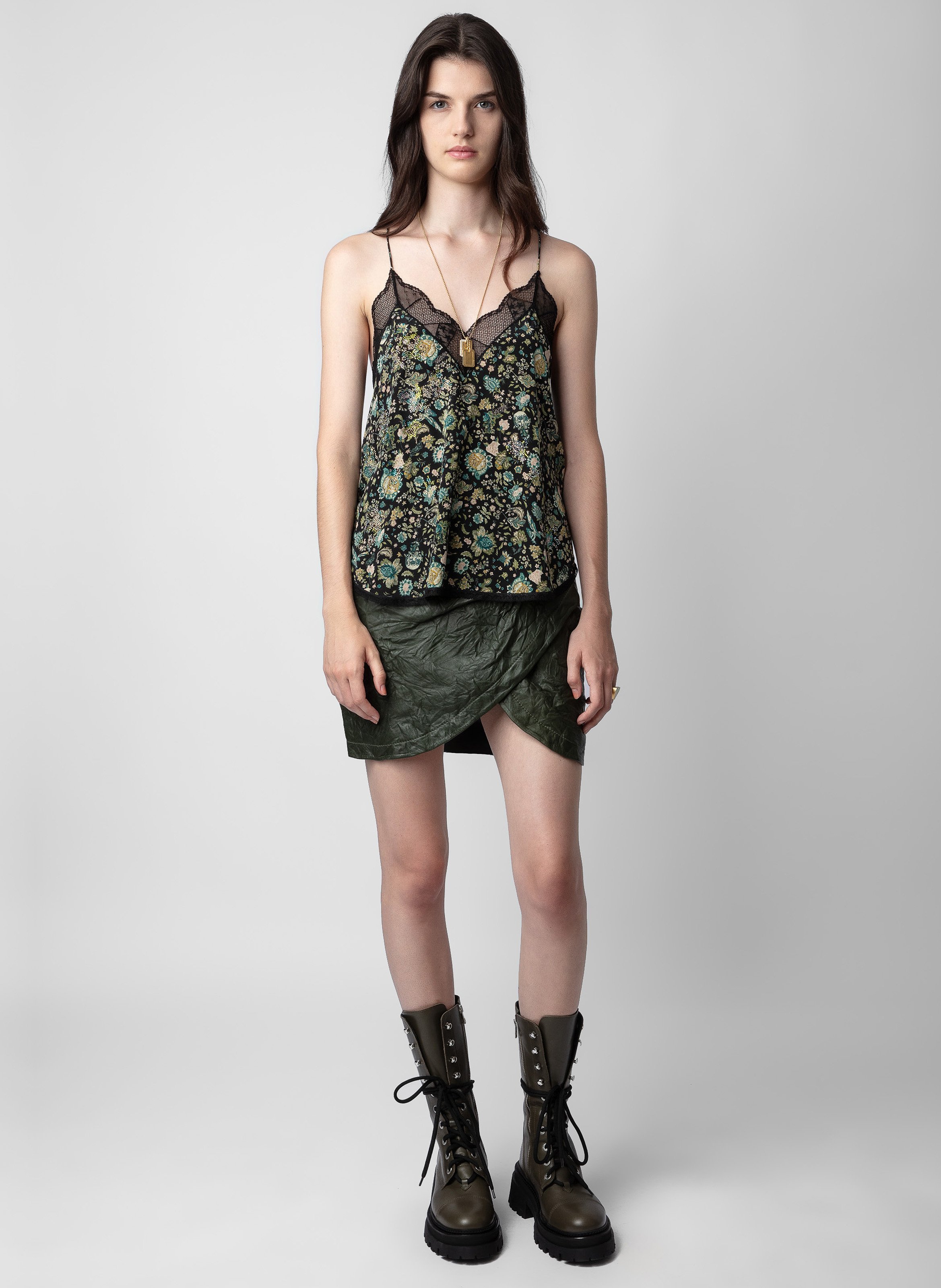 Jupe Courte En Cuir Froiss?� Julipe Kaki Zadig&voltaire - Femme - RWSK00004-309-KAKI | Place des 