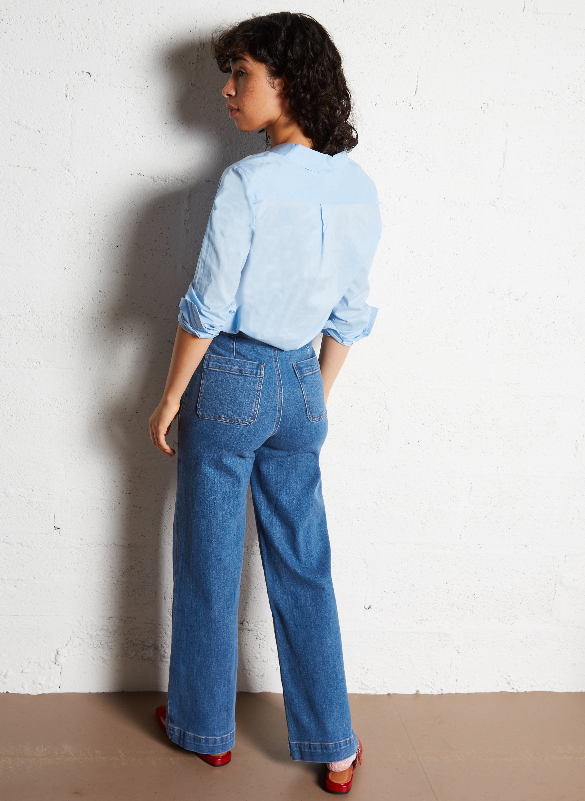High-rise flared cotton-blend jeans Blue