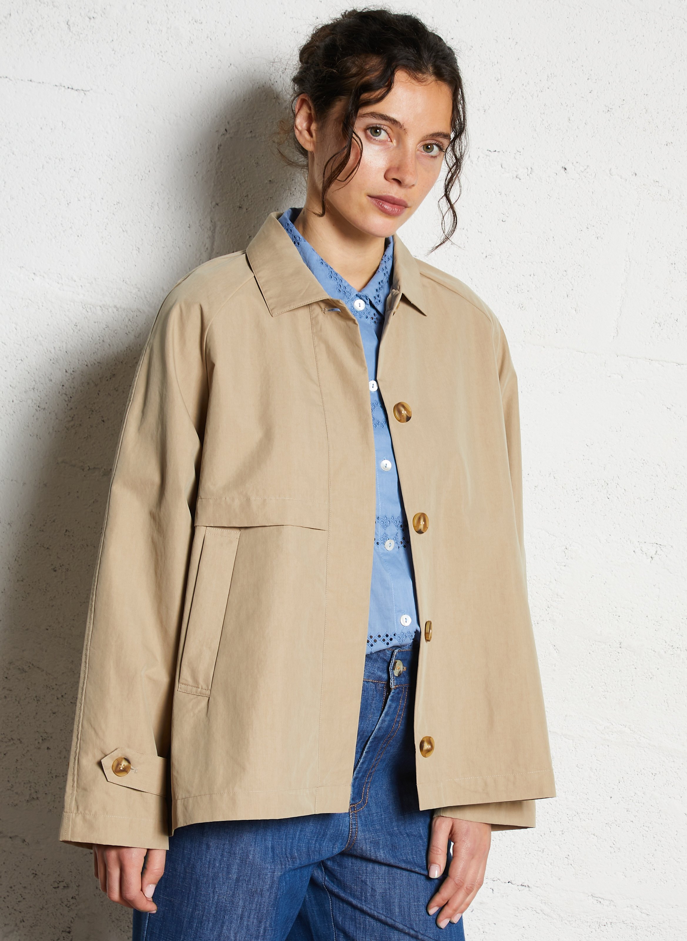 Cotton-blend straight trench coat with classic collar NICE THINGS Beige